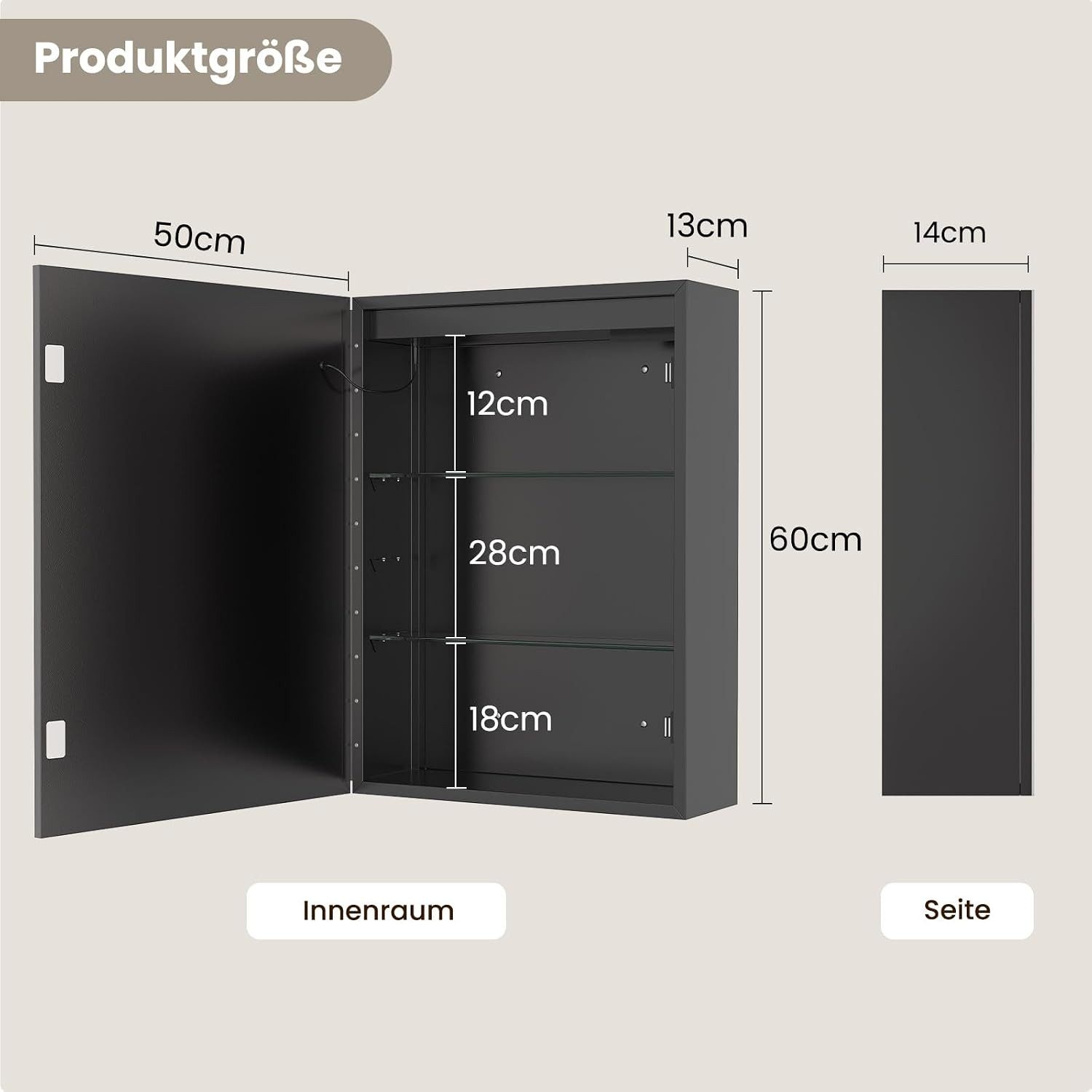 MSMASK Spiegelschrank aus Metall mit LED Beleuchtung und Steckdose, 50x14x70 cm, Schwarz (1-St) Badschrank mit Anti‑Fog, verstellbaren Ablagen, 3 Farbtemperatur – Bild 2 von 5