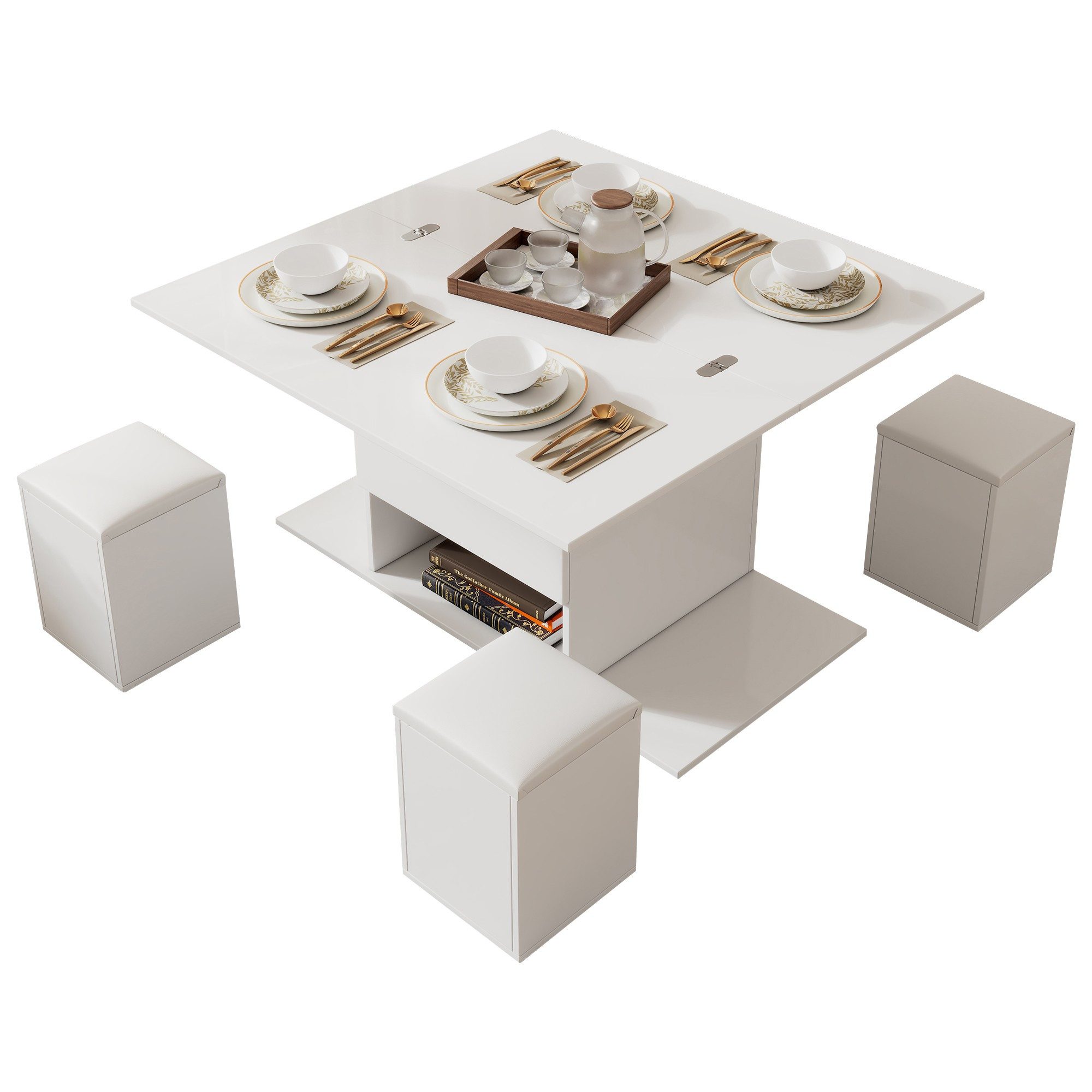 BlingBin Couchtisch mit Lift-Top-Funktion und 4 Hockern (Sofatisch, 1-St., Couchtisch 4 Hocker), mit anhebbarer Tischplatte, 4 Rollen für moderne Wohnräume