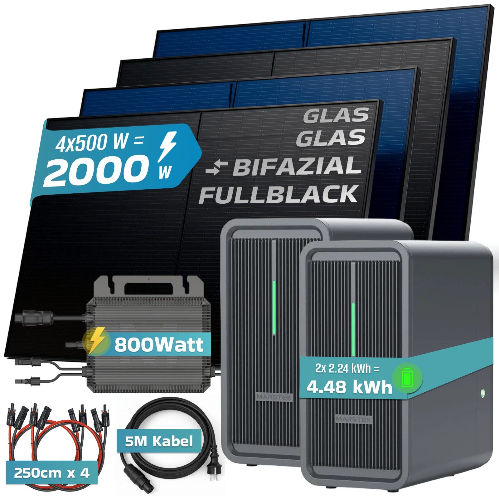 SUNNIVA Balkonkraftwerk 2000W mit 4.48 kWh Speicher MARSTEK 2x B2500-D, (BIFAZIAL FULLBLACK komplett Steckdose, PV Solaranlage Komplettset mit Solarspeicher, 4x 500W N-Type Glas-Glas Bifacial Module)