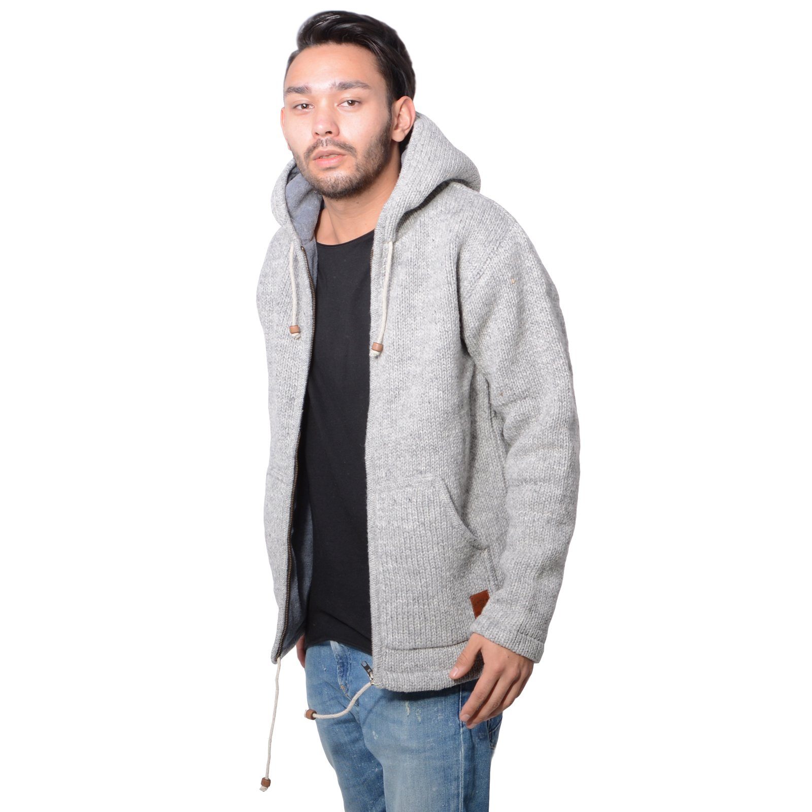 Fleecefutter Kapuze und KUNST UND Wolle Strickjacke Jacke+warmen Herren Strickjacke Grau MAGIE