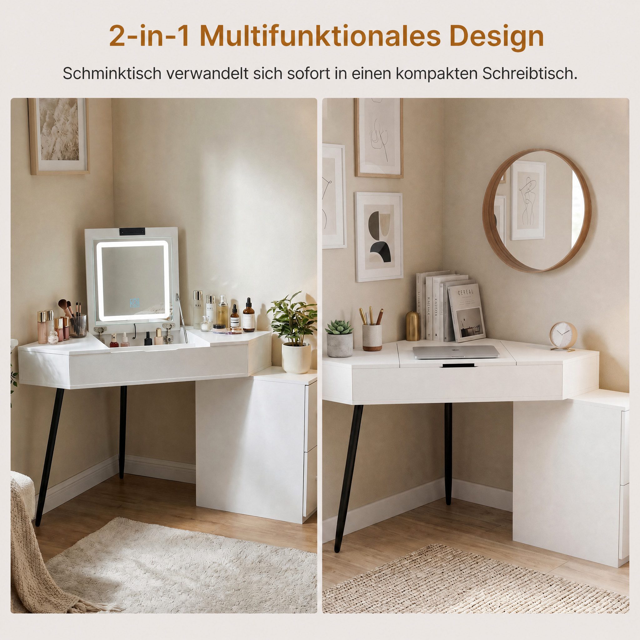 FUFU&GAGA Schminktisch Eck-Schminktisch mit und LED-Beleuchtung, 2in1, Weiß – Bild 5 von 5