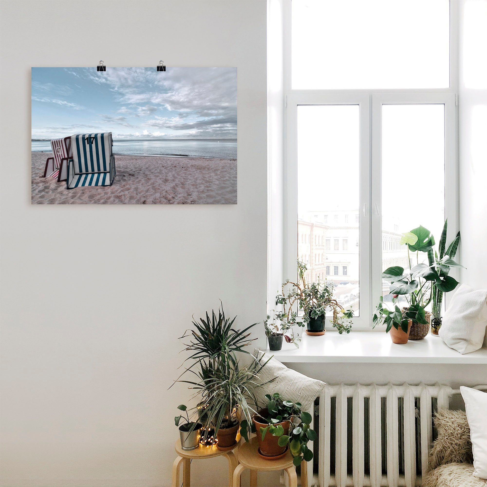 Artland Wandbild Einsame Strandkörbe am Wandaufkleber Alubild, oder versch. (1 in St), Poster als Strand Ostseestrand, Leinwandbild, Größen