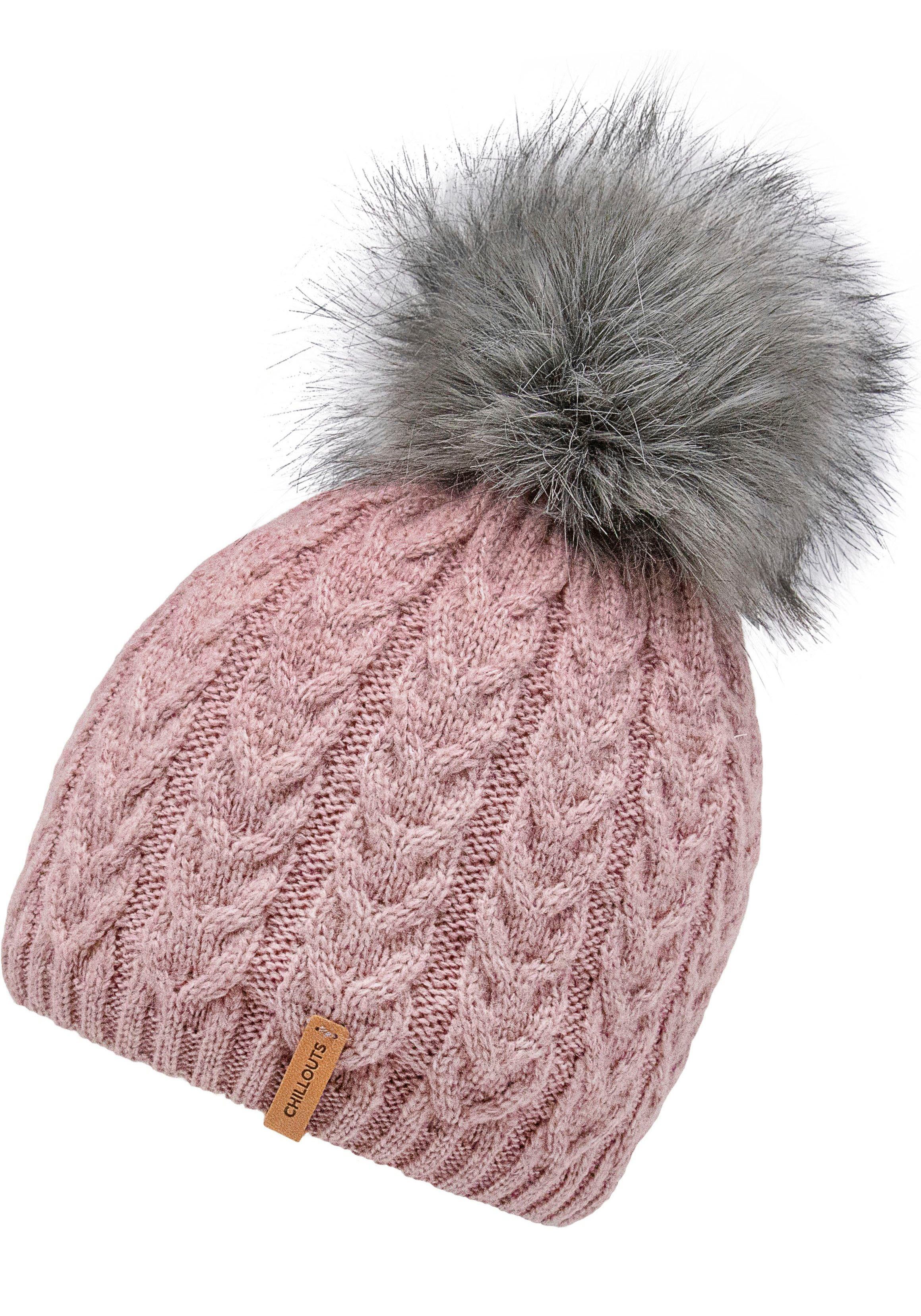 chillouts Bommelmütze Tabea Hat Abnehmbarer Fellimitat-Pom Pom, Zopfmuster rose | Strickmützen