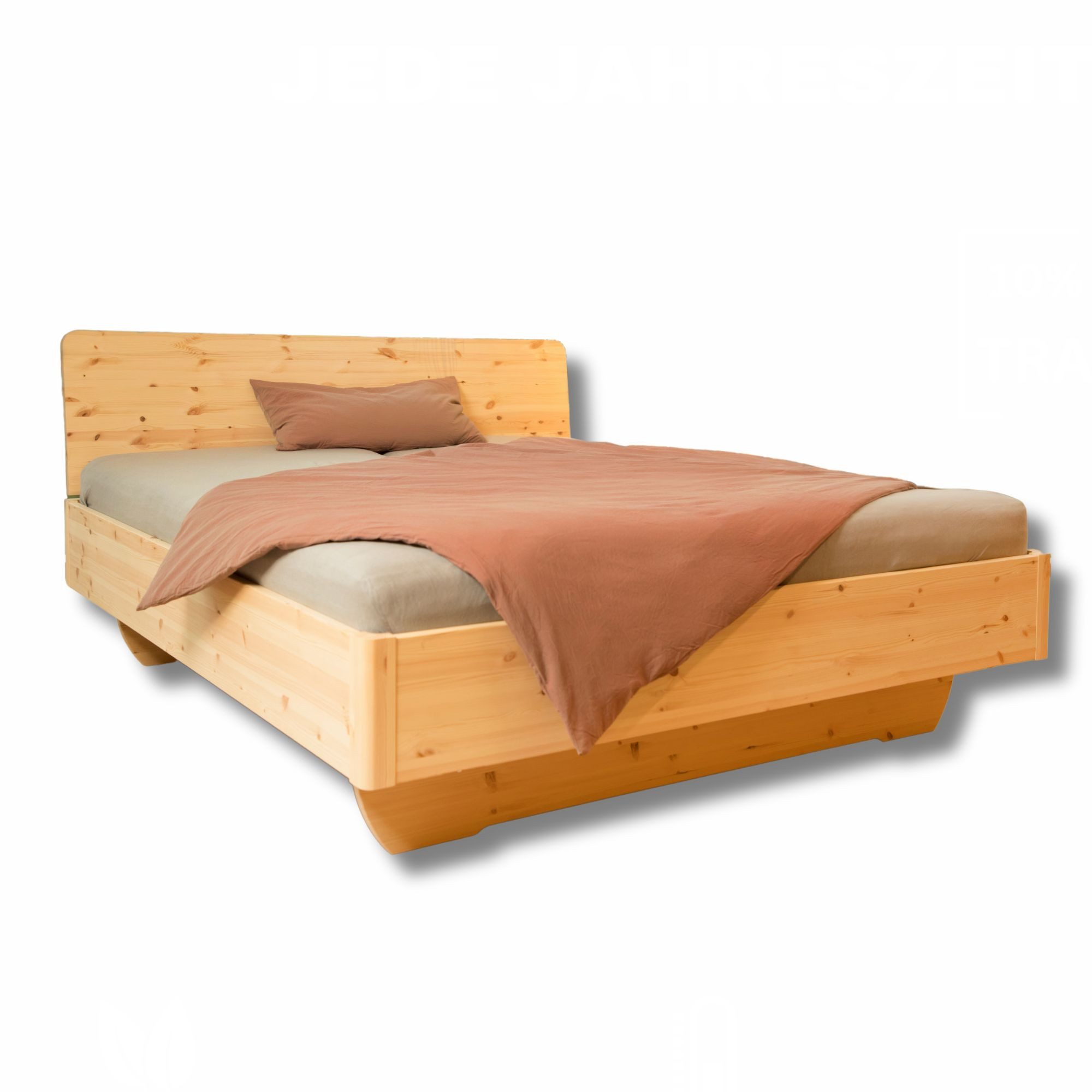 geborgenschlafen Holzbett Schwebebett Zirbe FREYA – Massivholzbett metallarm & handgefertigt, Massivholz aus Zirbe - Metallarm - Nachhaltig & handgefertigt