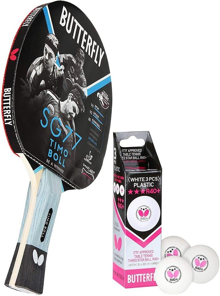 Butterfly Tischtennisschläger 1x Timo Boll SG77 + Bälle, Tischtennis Schläger Set Tischtennisset Table Tennis Bat Racket