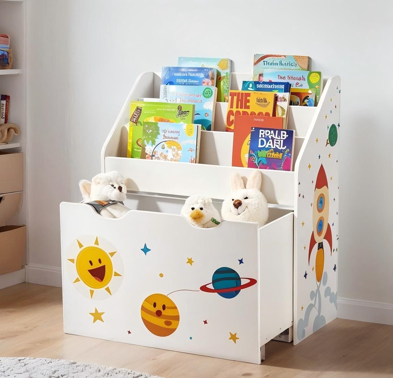 SONGMICS Spielzeugtruhe Bücherregal für Kinder, Kinderregal, mit Kippschutz, auf Rollen, 70cm Höhe