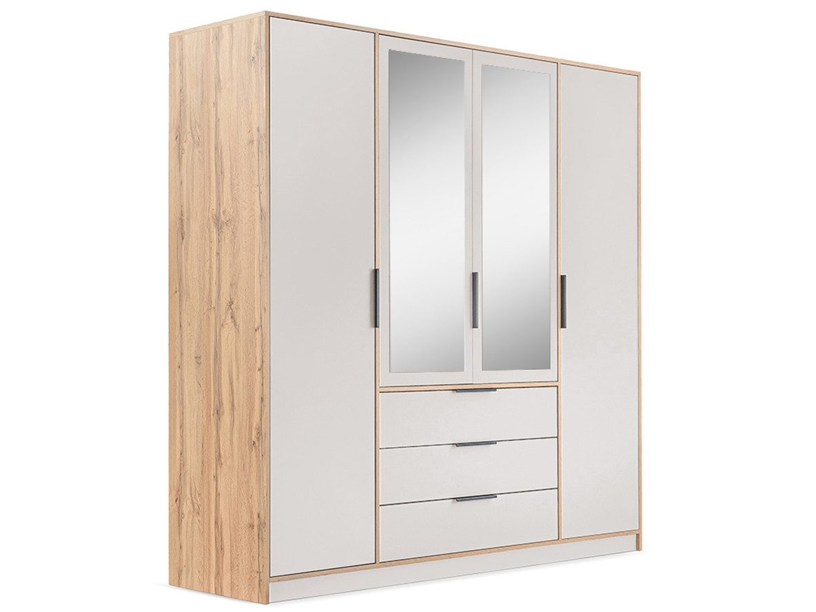 Beautysofa Kleiderschrank mit Spiegel LIVO (Schrank mit 11 Regalen, Kleiderstange und 3 Schubladen, optional mit oder ohne Aufsatz) Breite: 196 cm