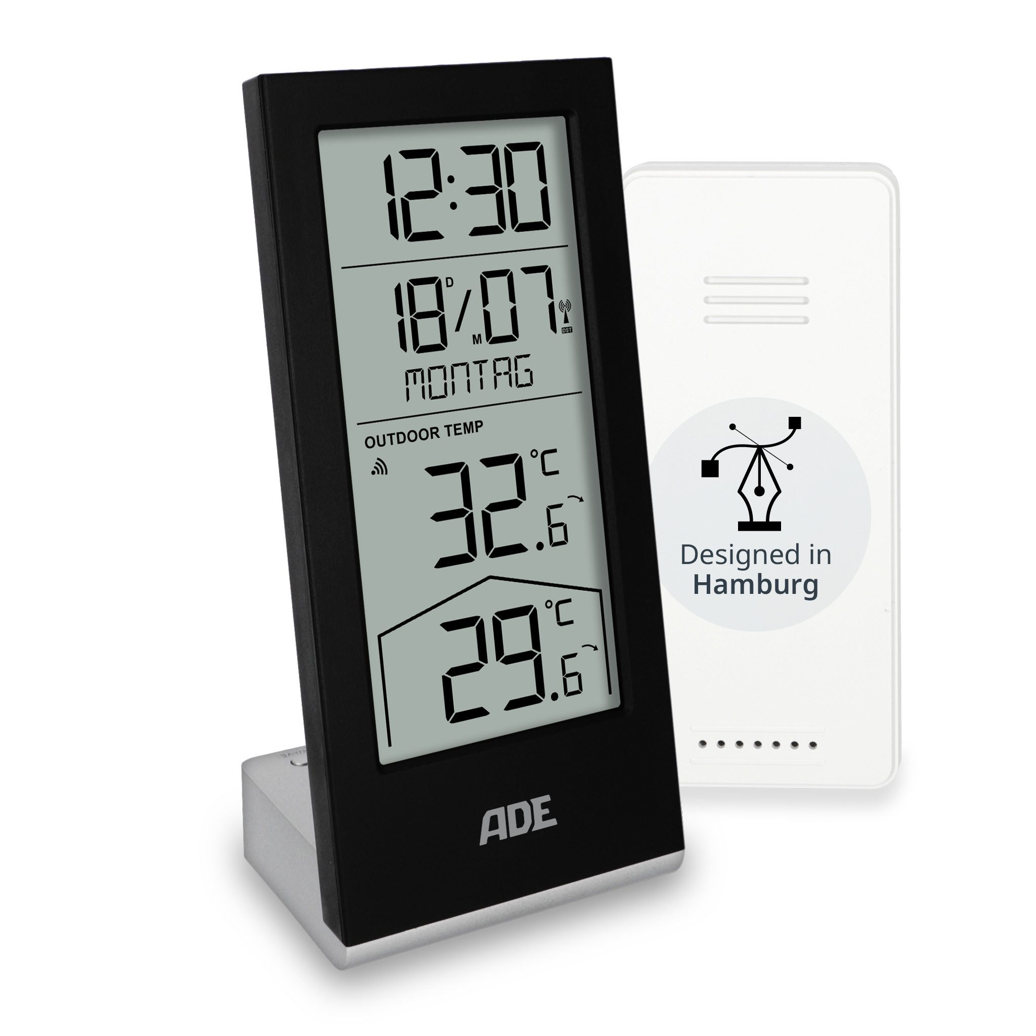 Raumthermometer funk mit Außensensor, Uhrzeit, ausgeschriebener Wochentag
