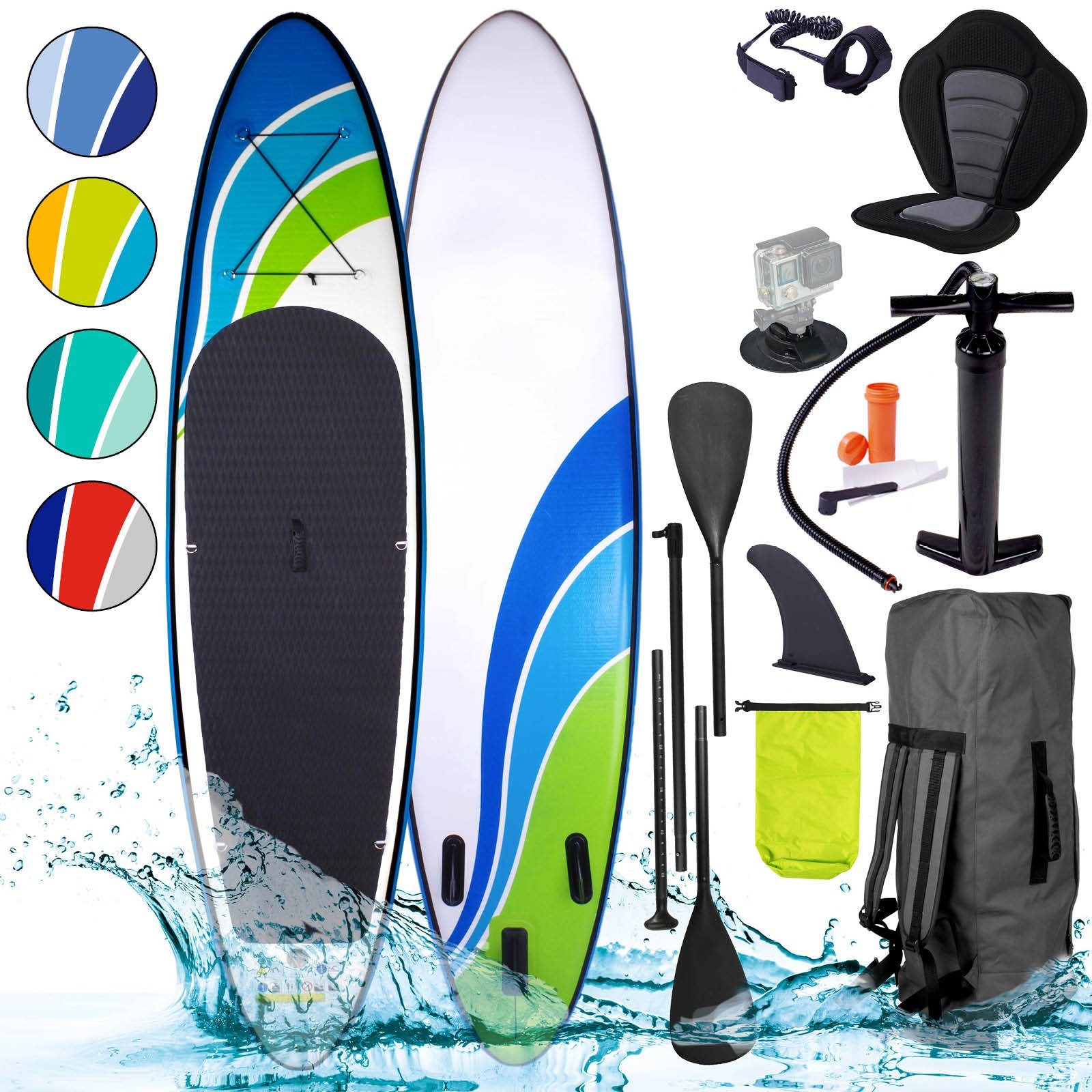 BRAST SUP-Board Wave Design Aufblasbares Stand up Paddle Set 300-365cm, (5 Jahre Garantie inkl. Sonderzubehör, 2in1 Paddel Kajak-Sitz Action-Cam-Halterung), Fußschlaufe Paddel Pumpe Rucksack