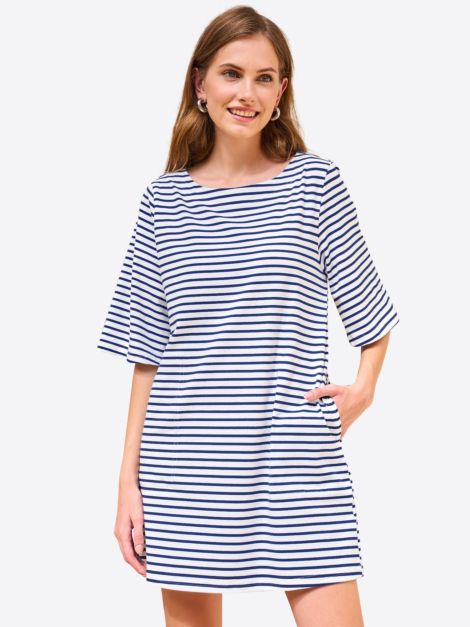 Imily Bela Shirtkleid Damen Mini lässig locker Halbarm Rundhals (Packung, 1-tlg., 1per-Pack) gestreift mit Eingrifftaschen