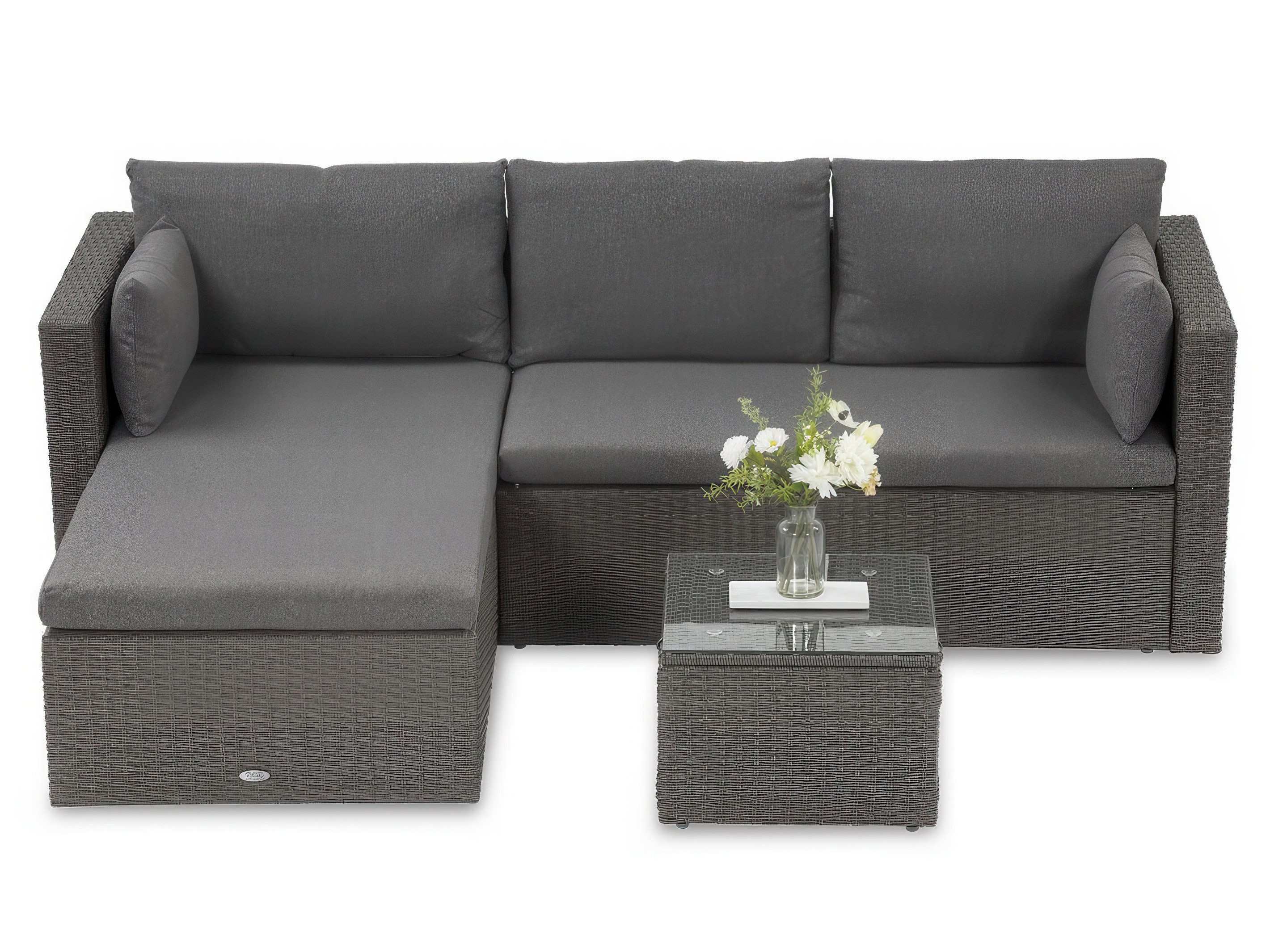 Beautysofa Gartenlounge-Set SEVILLA Polyrattan Ecksofa mit Couchtisch, (Technorattan Lounge Set, Tisch mit Glasplatte, modulares Gartenmöbel-Set, rechts oder links aufbaubar), wetterbeständig, pflegeleicht, in mehreren Farben