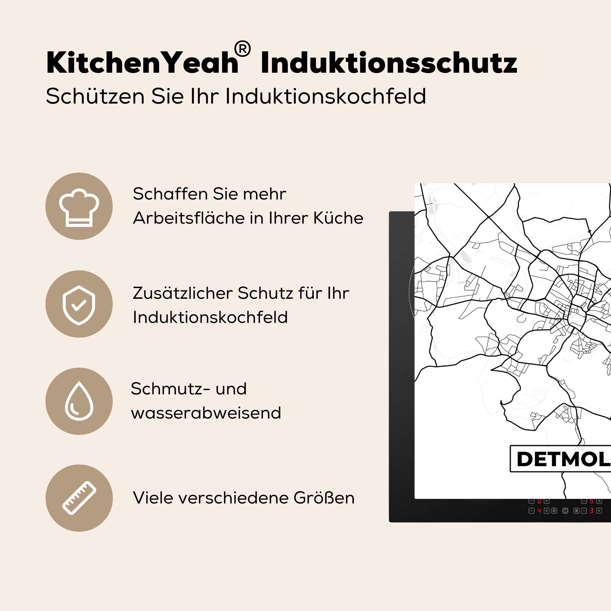 für MuchoWow Vinyl, küche Detmold (1 tlg), Stadtplan, Herdblende-/Abdeckplatte - Karte Arbeitsplatte - 78x78 Ceranfeldabdeckung, cm,