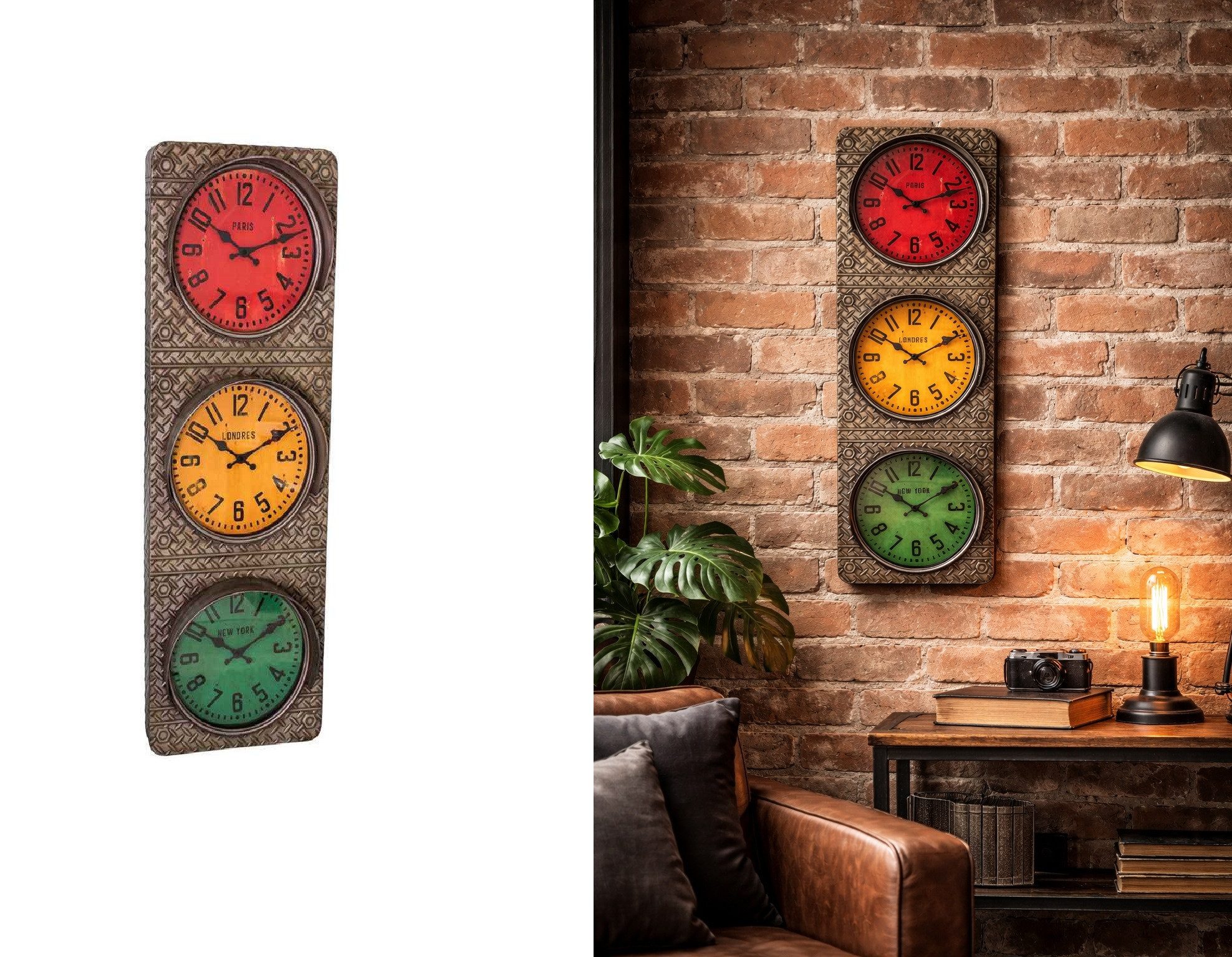 AnticLine Wanduhr Antic Line Ampel Wanduhr Rot, Gelb, Grün Metall Industrial SEB17475