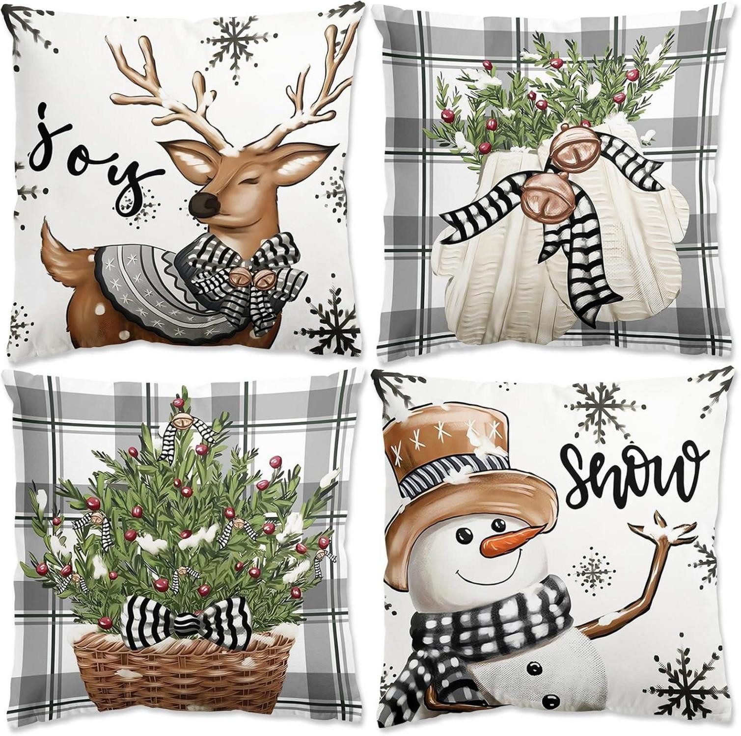 Dekohänger 4er Set Kissenbezug Weihnachten Rentier Deko 45x45cm Weiß Grau