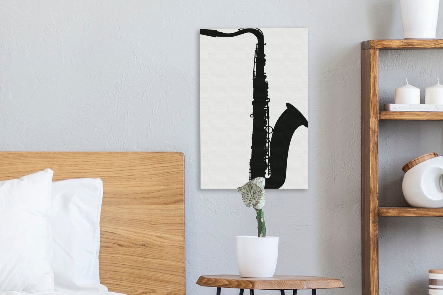 (1 cm Silhouette Gemälde, Leinwandbild 20x30 Saxophons Leinwandbild Zackenaufhänger, fertig St), eines Schwarz, inkl. OneMillionCanvasses® in bespannt