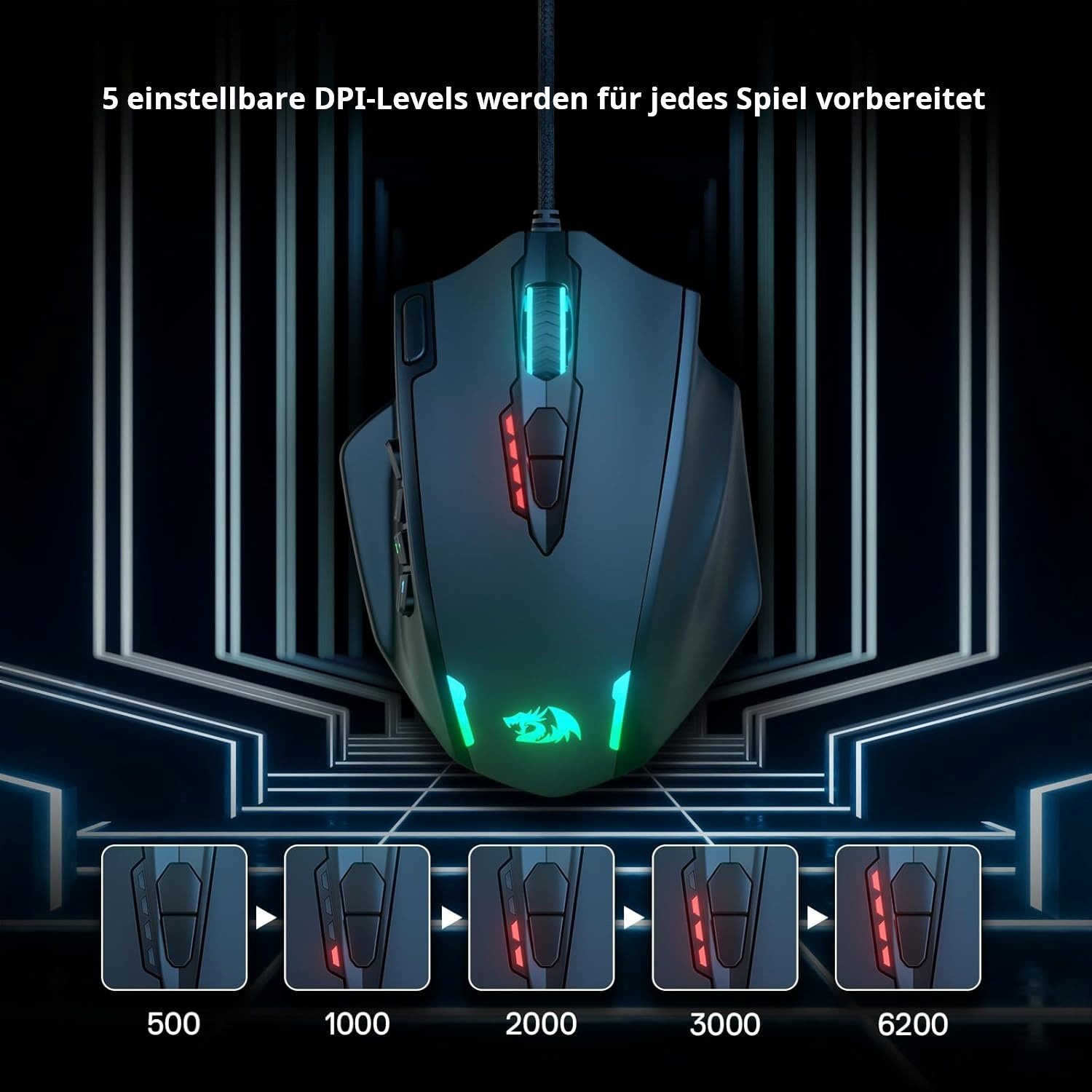 Redragon M908 Kabelgebundene Laser MMO mit Hochpräziser Betätigung, 12400 DPI Gaming-Maus (kabelgebunden, RGB-Hintergrundbeleuchtung & programmierbare Tasten) – Bild 5 von 5