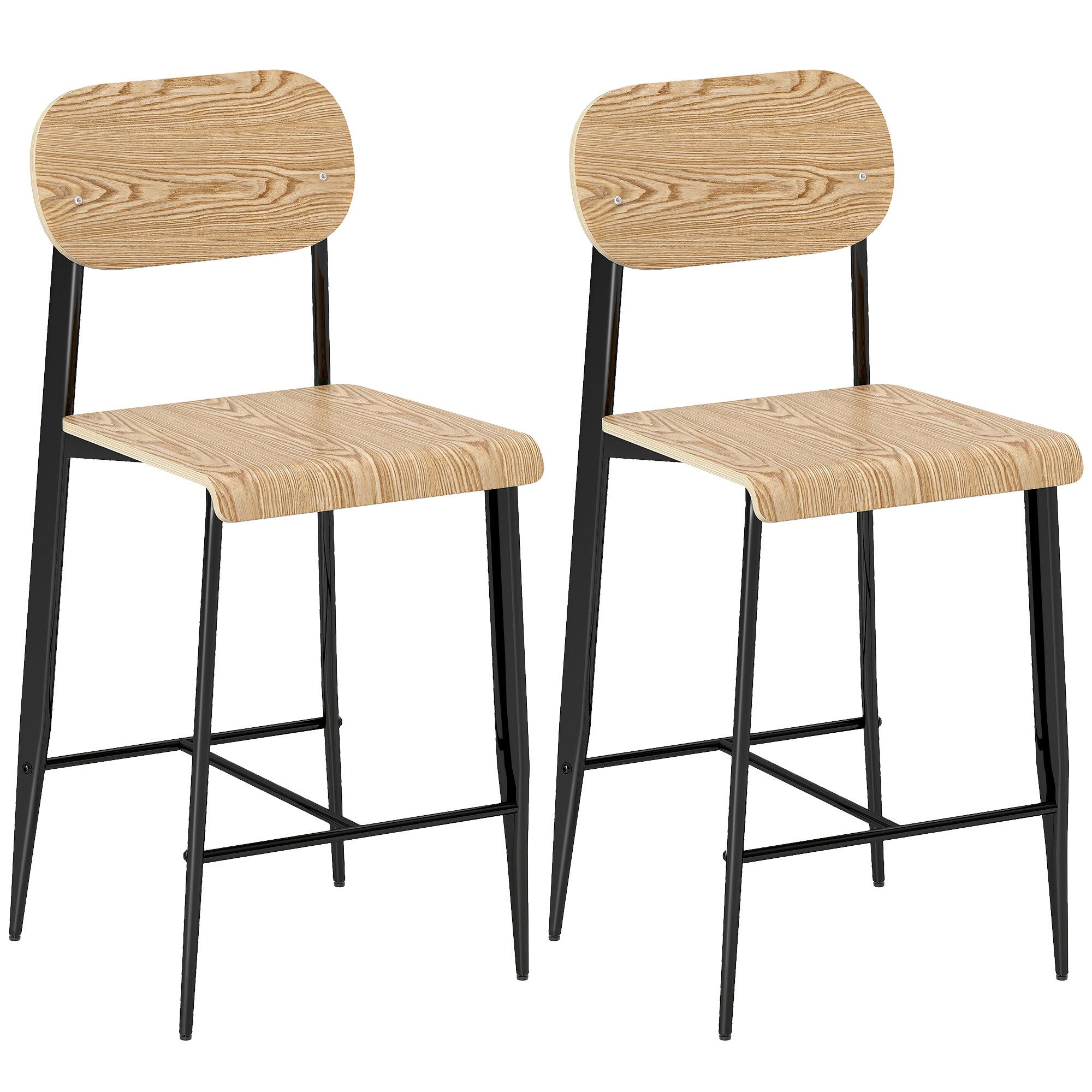 HOMCOM Barhocker Tresenhocker mit Fußstütze, Metallgestell, Sitzhöhe 66 cm (Küchenstuhl, 2 St., 2er Set Barstuhl), einfache Montage, Industrie-Design Naturholz+Schwarz