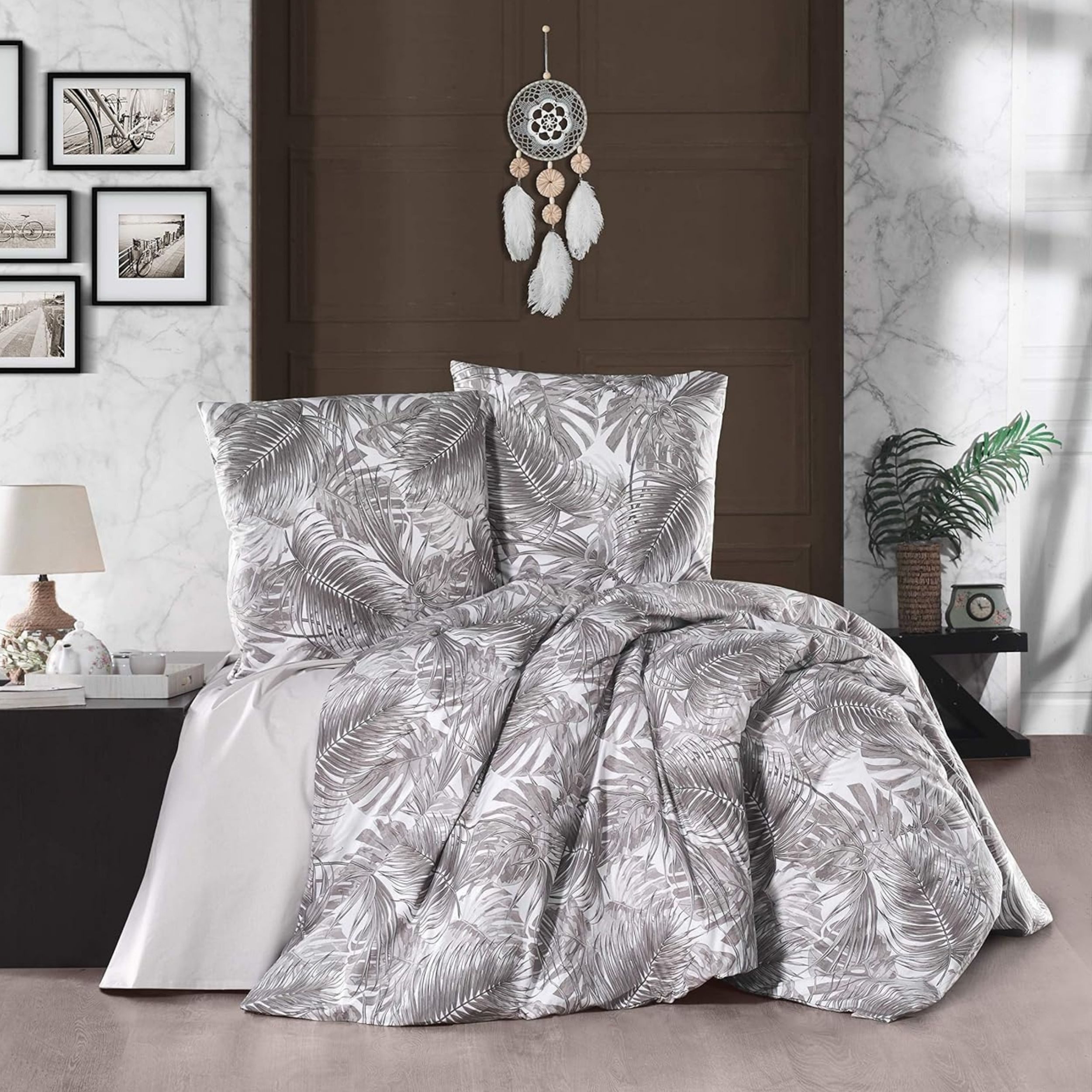 yadetextil Bettwäsche 200x220 cm. 3 teilig set. Palma V2, Renforce, 3 teilig, Bettwäsche 200x220 Baumwolle Bettbezug Grau Palmblatt gemustert