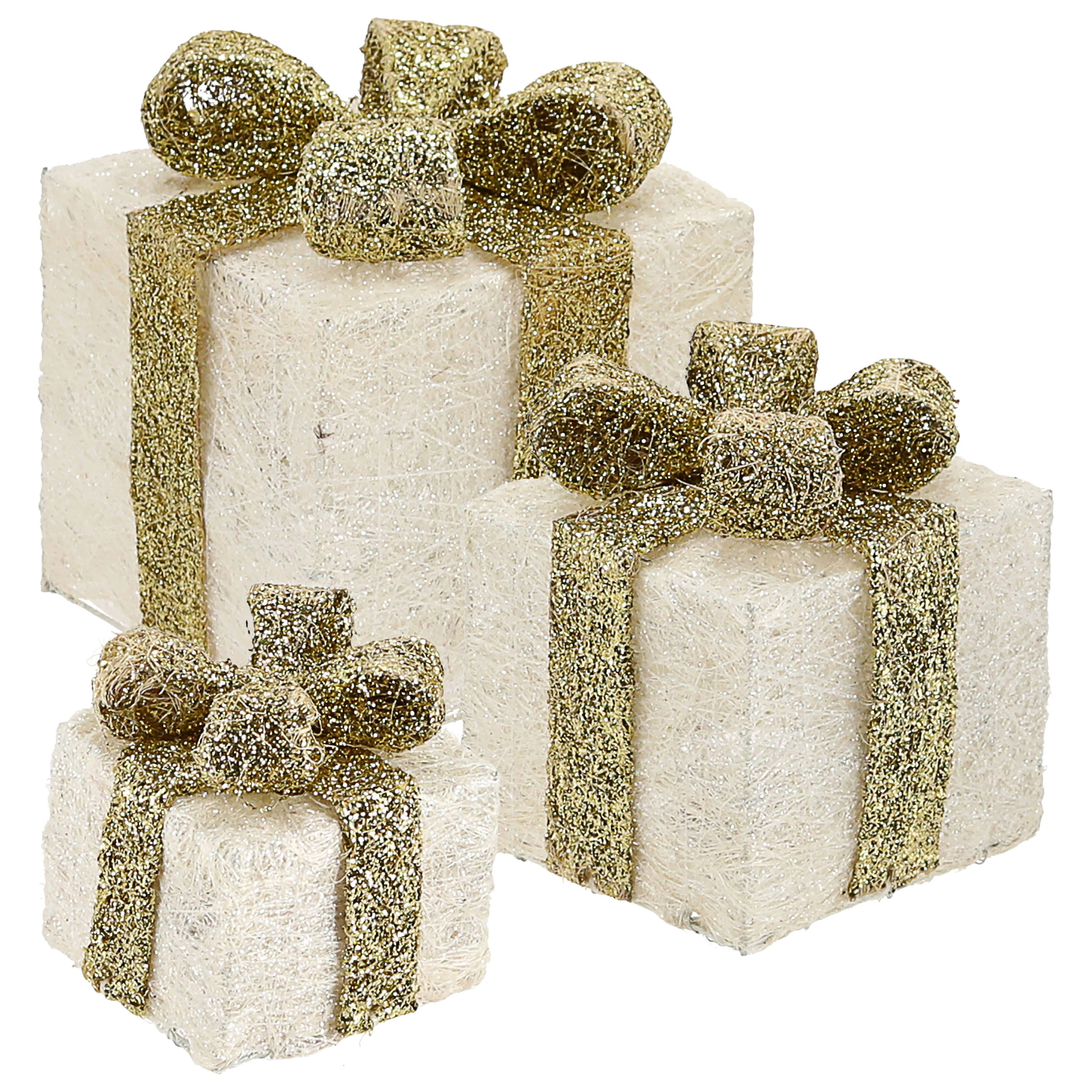 CEPEWA LED Dekoobjekt LED Geschenk 3er Set creme gold 10 LEDs warmweiß 3 Größen Kunststoff