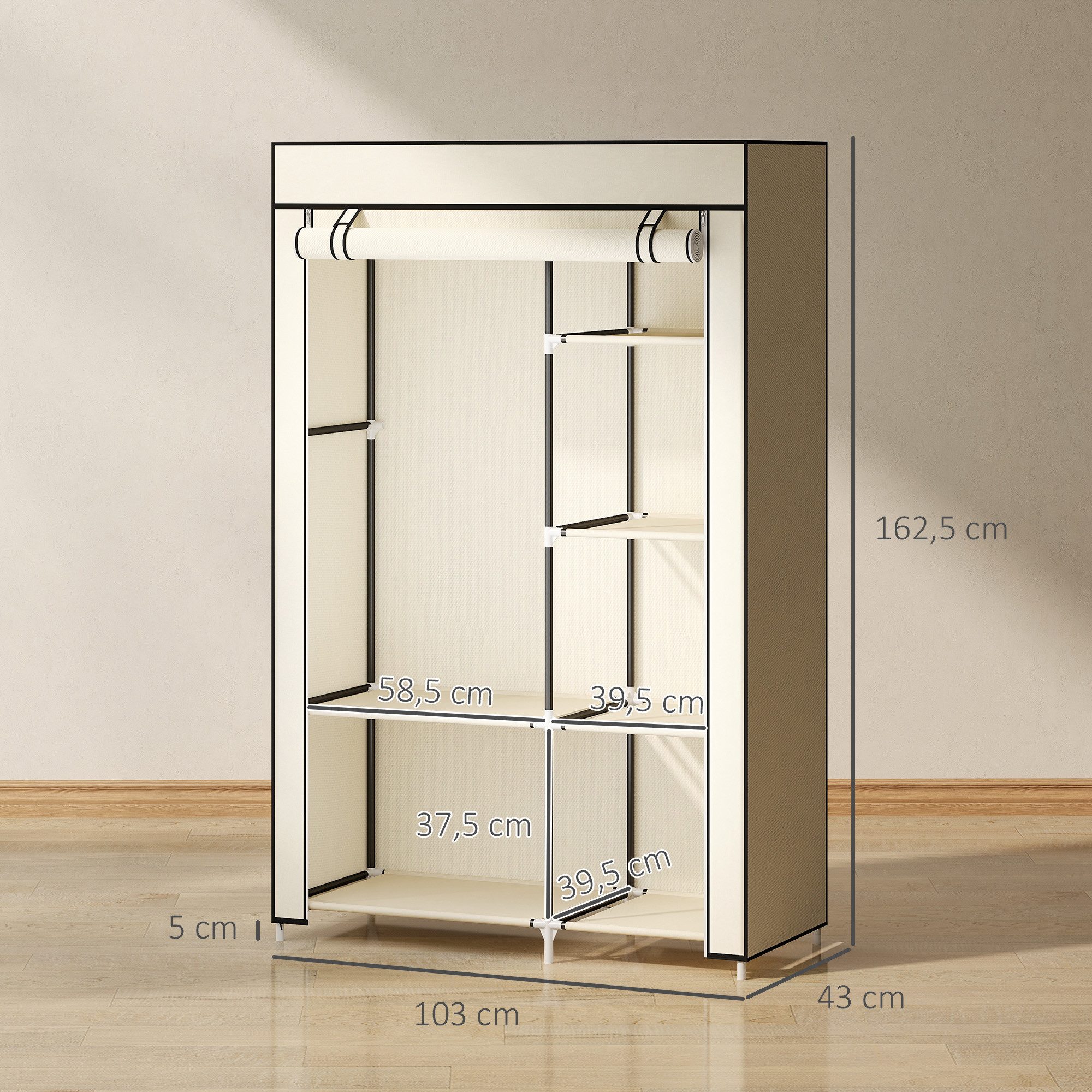 HOMCOM Stoffschrank Klappbarer Kleiderschrank Faltbare Garderobe in Vlies-Optik (Kleiderständer, 1-St., Faltschrank) Cremeweiß, 103 x 43 x 162,5 cm – Bild 3 von 5