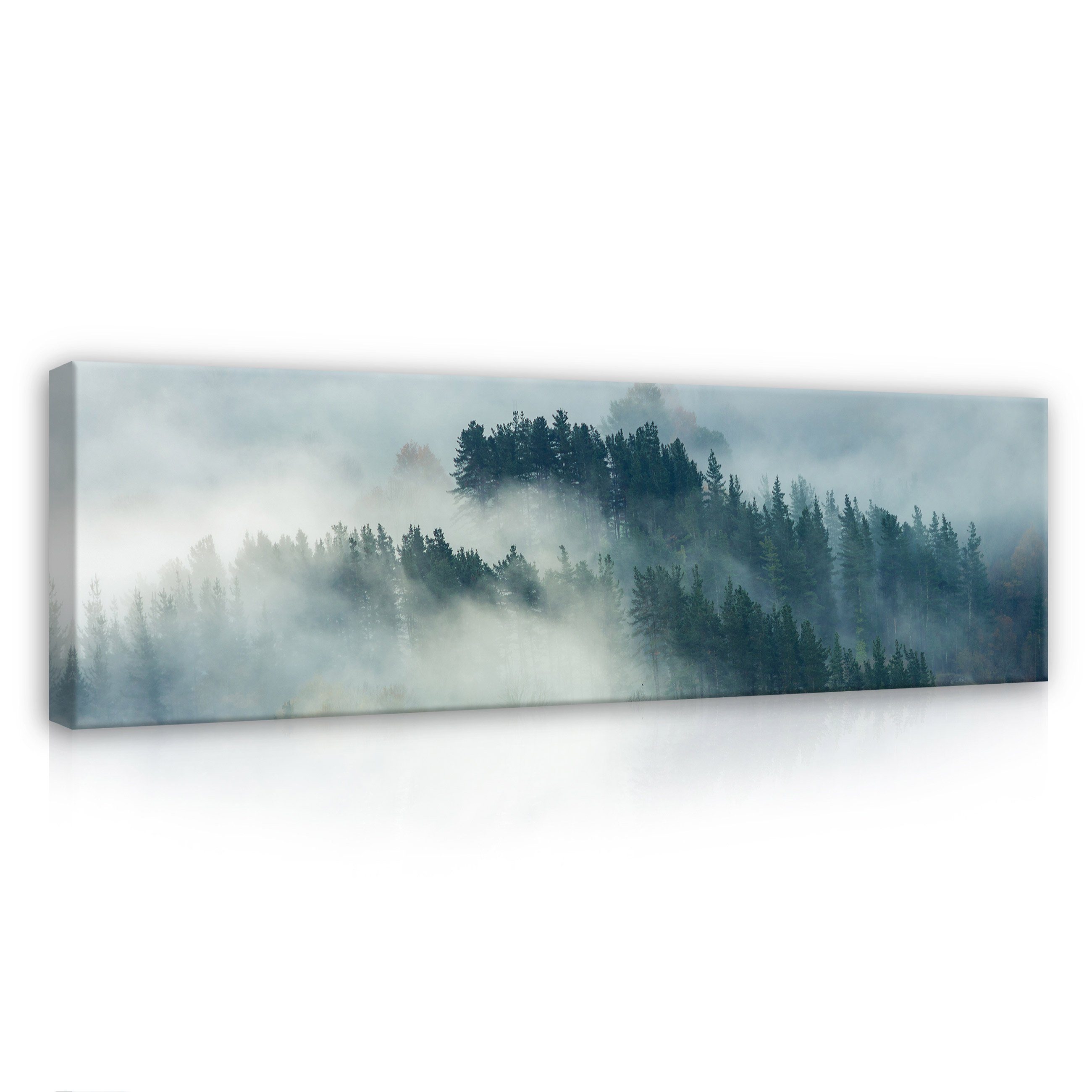 Leinwandbild Wald im Nebel Berge Natur Wandbild XXL Leinwandbilder Modern 145x45 cm