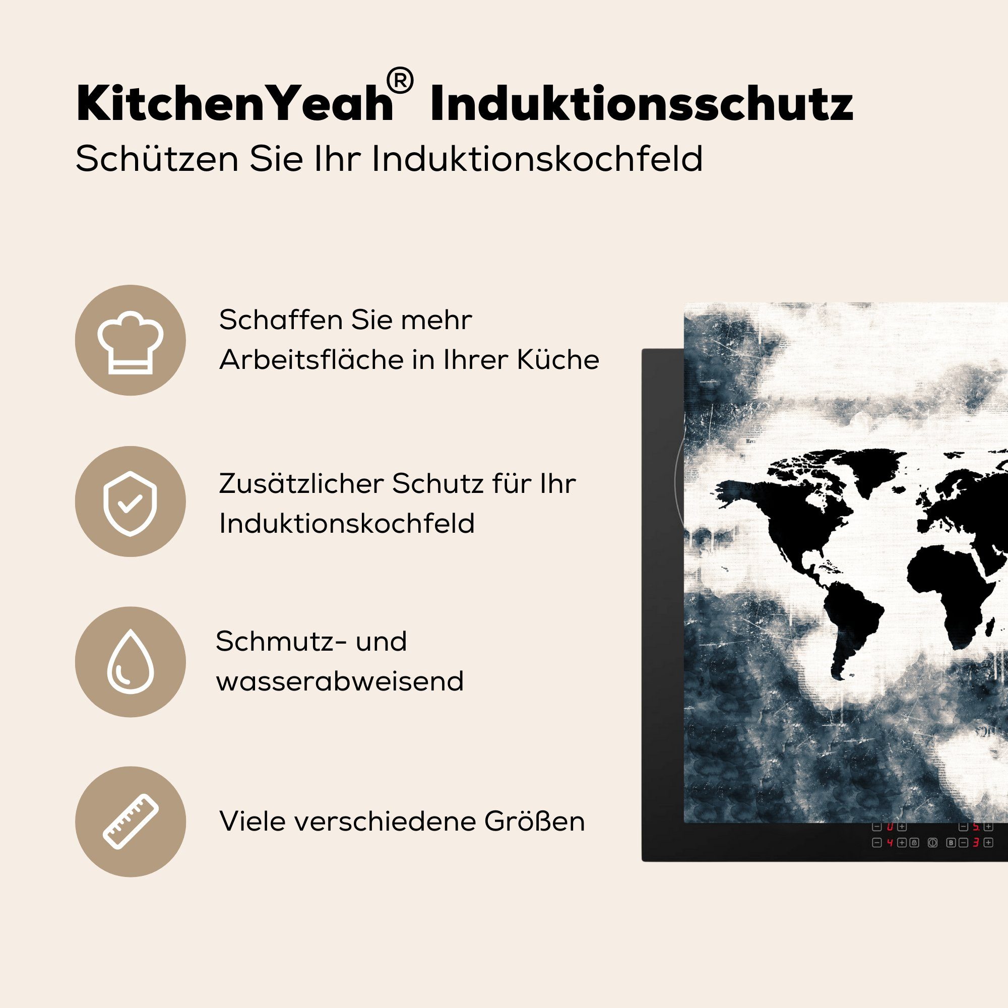 MuchoWow Herdblende-/Abdeckplatte Weltkarte Schwarz, - Arbeitsplatte für cm, - Vinyl, küche tlg), 78x78 Holz Ceranfeldabdeckung, (1