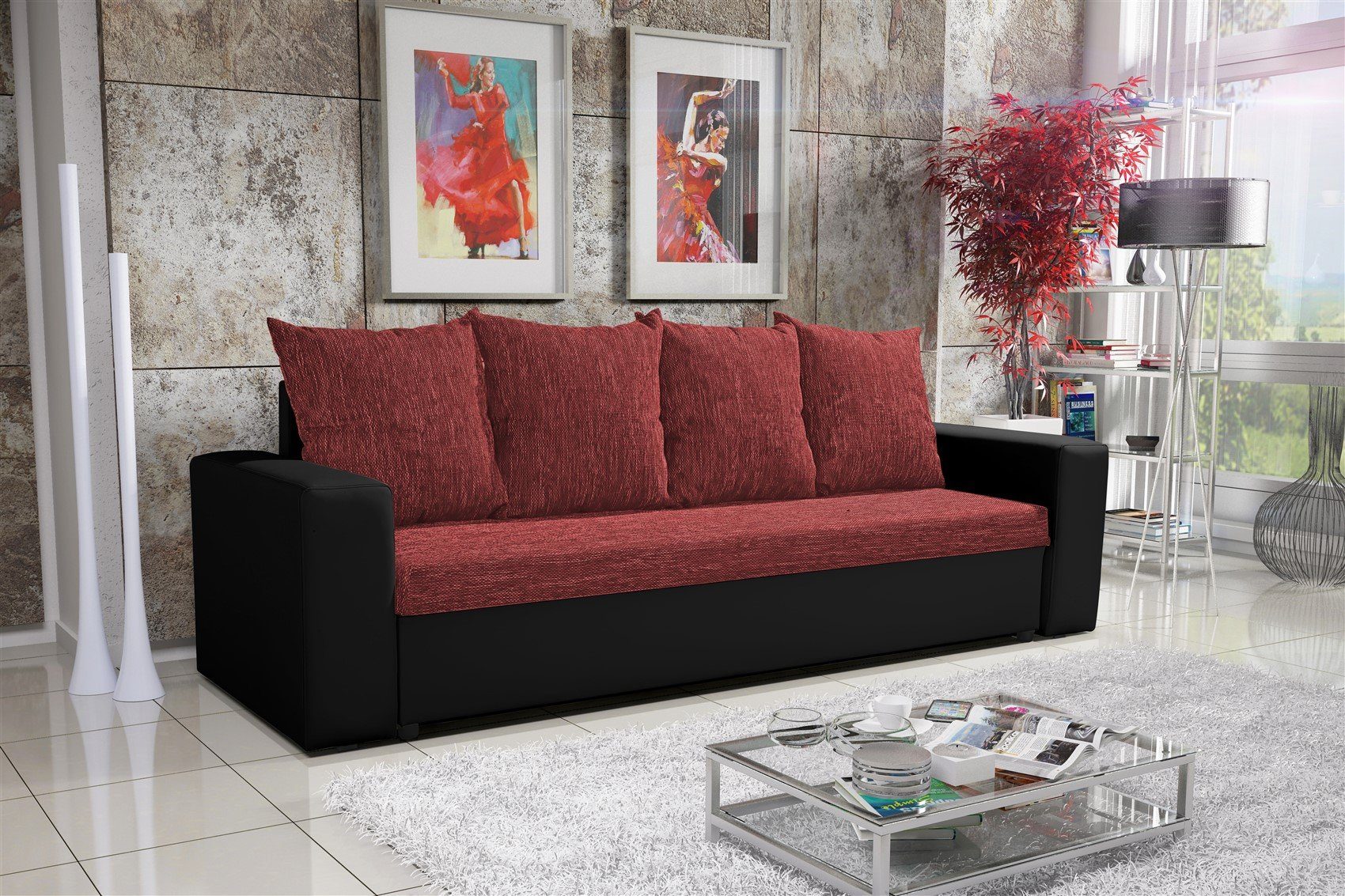 Fun Schwarz/Weinrot Möbel Sofa Sofa-Set NINA 6 inkl. Rückenkissen, inkl. 3-1-1 Sofagarnitur, Bettkasten