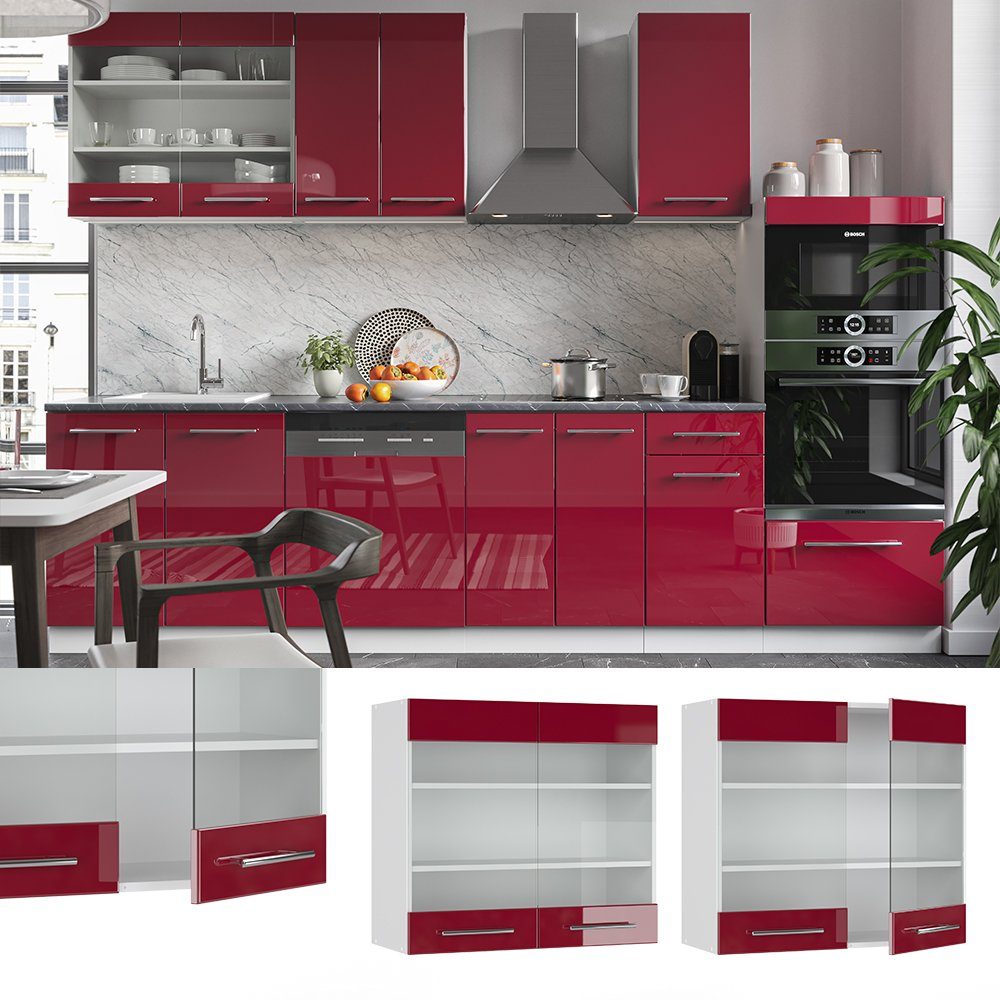 Hängeschrank Glashängeschrank Weiß Fame-Line Hochglanz Vicco Küche Bordeaux Weiß Rot 80 cm