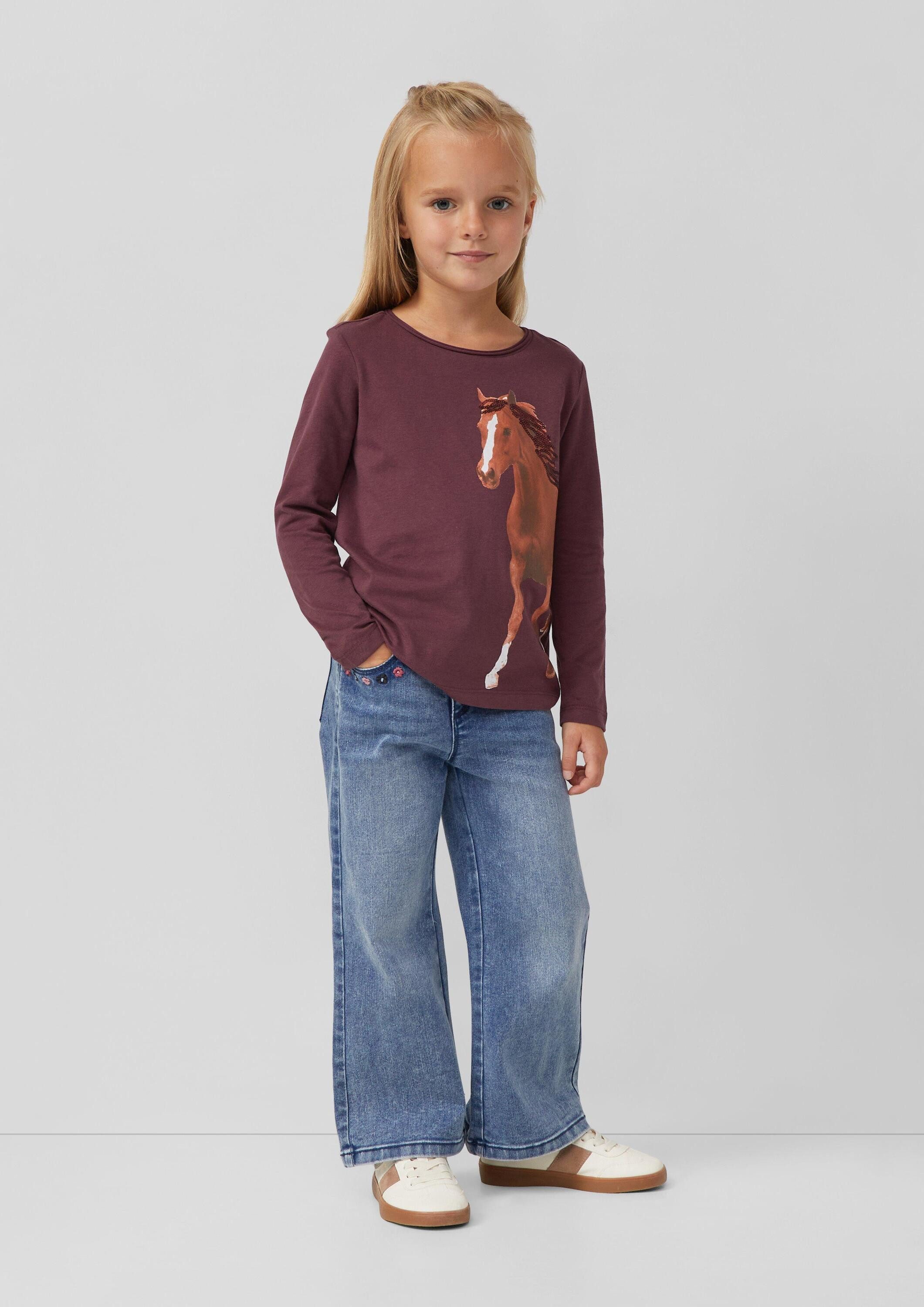 s.Oliver Langarmshirt T-Shirt Longsleeve mit Pferde-Print und Pailletten