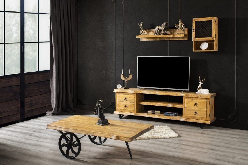 JVmoebel Wohnzimmer-Set Echt Holz Wohnwand Luxus in Braun mit Couchtisch auf Rädern, (2-St., TV-Ständer, Wandregal 2x), Made in Europa