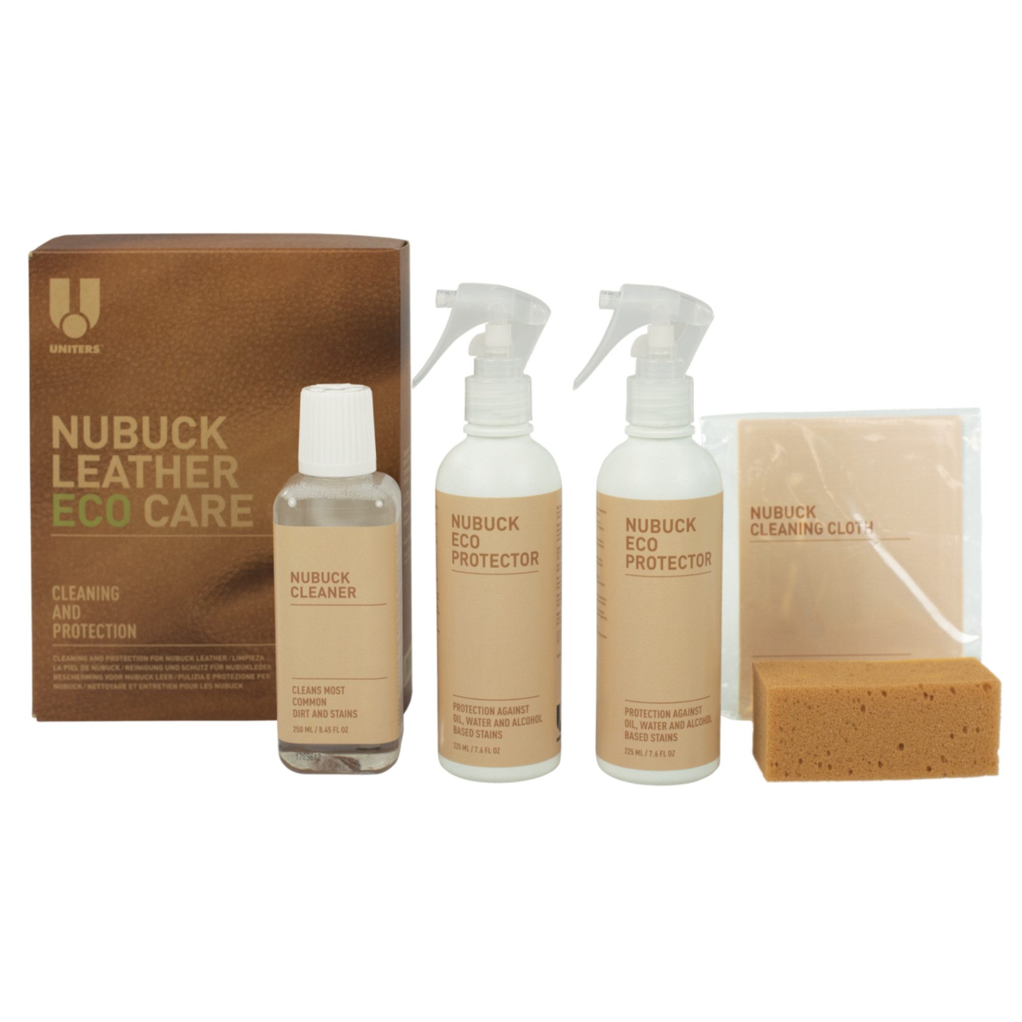 Uniters Nubuck Leather Eco Care Kit Lederpflegeset (5-tlg., 1 St., 250ml Lederreiniger + 450ml Lederprotektor), für Möbel, Schuhe und Kleidung aus Nubukleder