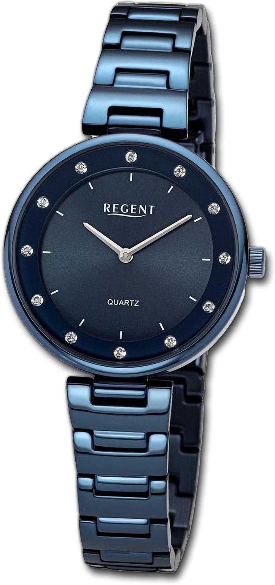 Regent Quarzuhr Regent Damen Armbanduhr Analog, Damenuhr Metallarmband dunkelblau, rundes Gehäuse, groß (ca. 34mm)
