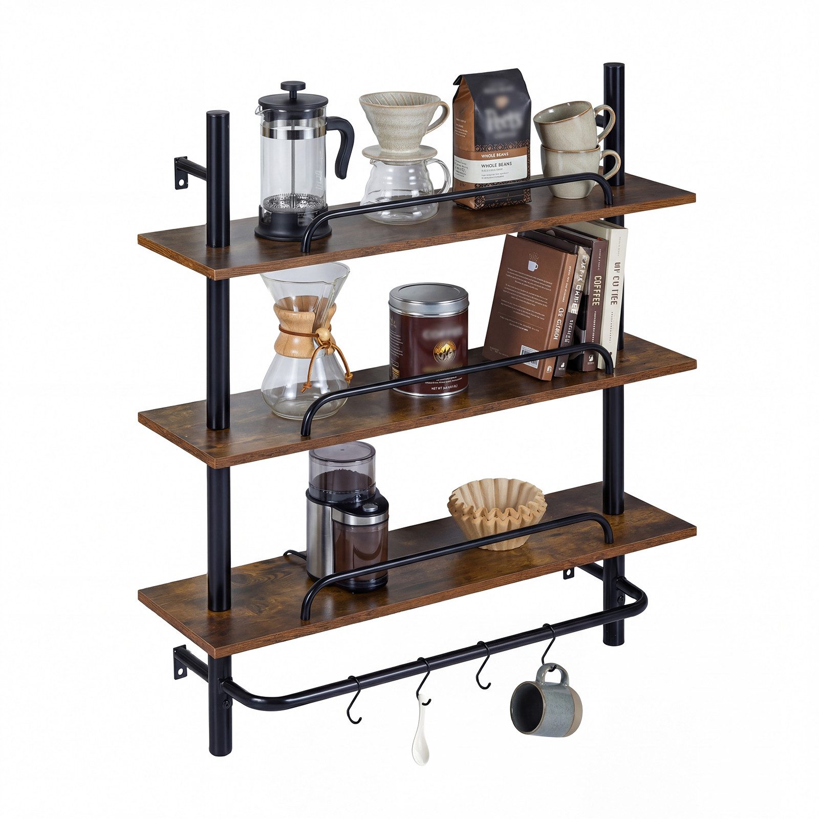 COSTWAY Wandregal, Holzregal für Wohnzimmer, Hangeregal holz, Küchenregal