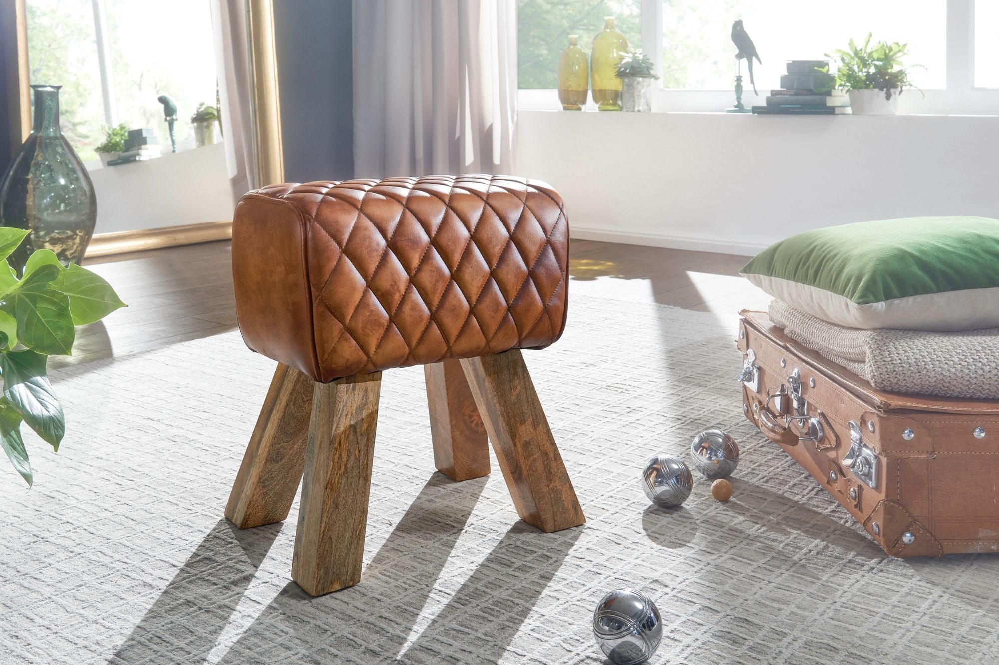 FineBuy Sitzhocker Echtleder / Massivholz 40x48x27 cm Modern Fußhocker, Turnbock Lederhocker Braun, Kleiner Hocker Gepolstert, Holzhocker mit Leder-Bezug – Bild 2 von 5