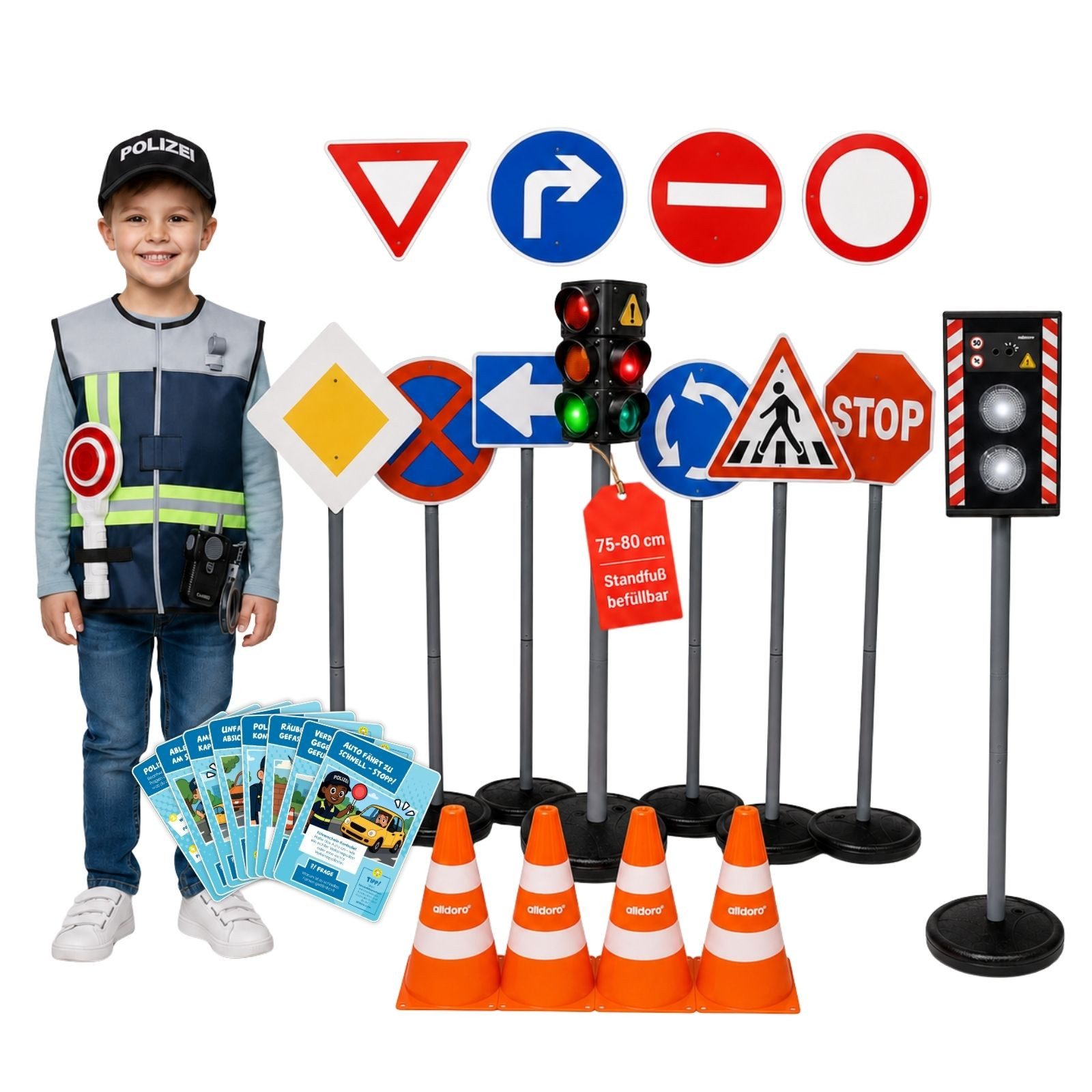 alldoro Spiel-Verkehrszeichen XXL Verkehrs- & Polizei-Rollenspiel-Set mit Ampel, Schildern + Blitzer, 75-80 cm, Verkehrsampel + Blitzer mit Licht & Sound + Verkehrszeichen