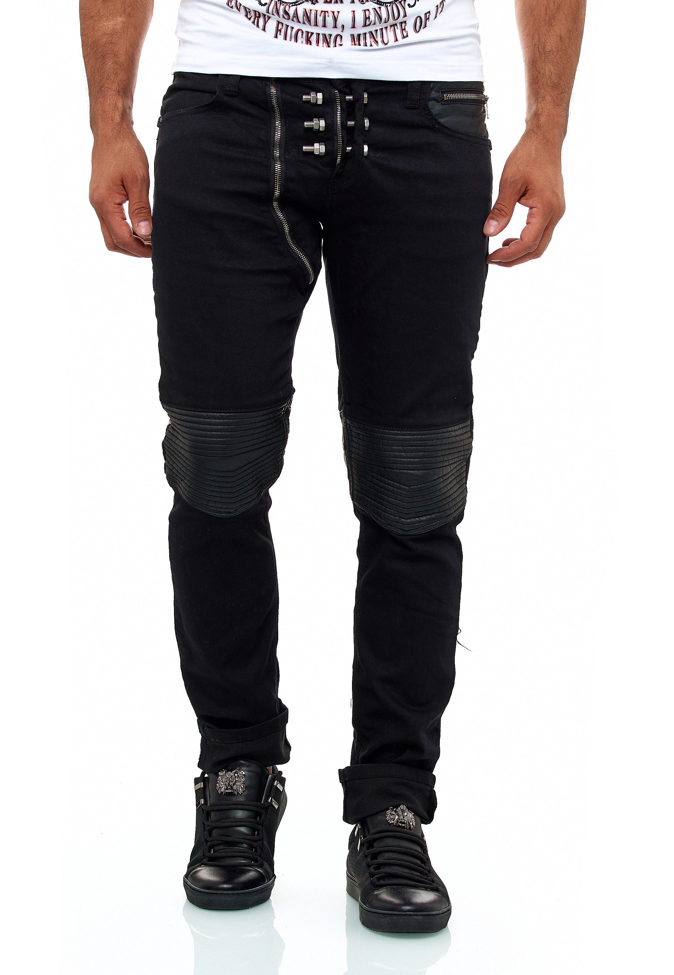 KINGZ Slim-fit-Jeans Herren Designer Schraubenjeans in Schwarz Black W31/L3 günstig online kaufen