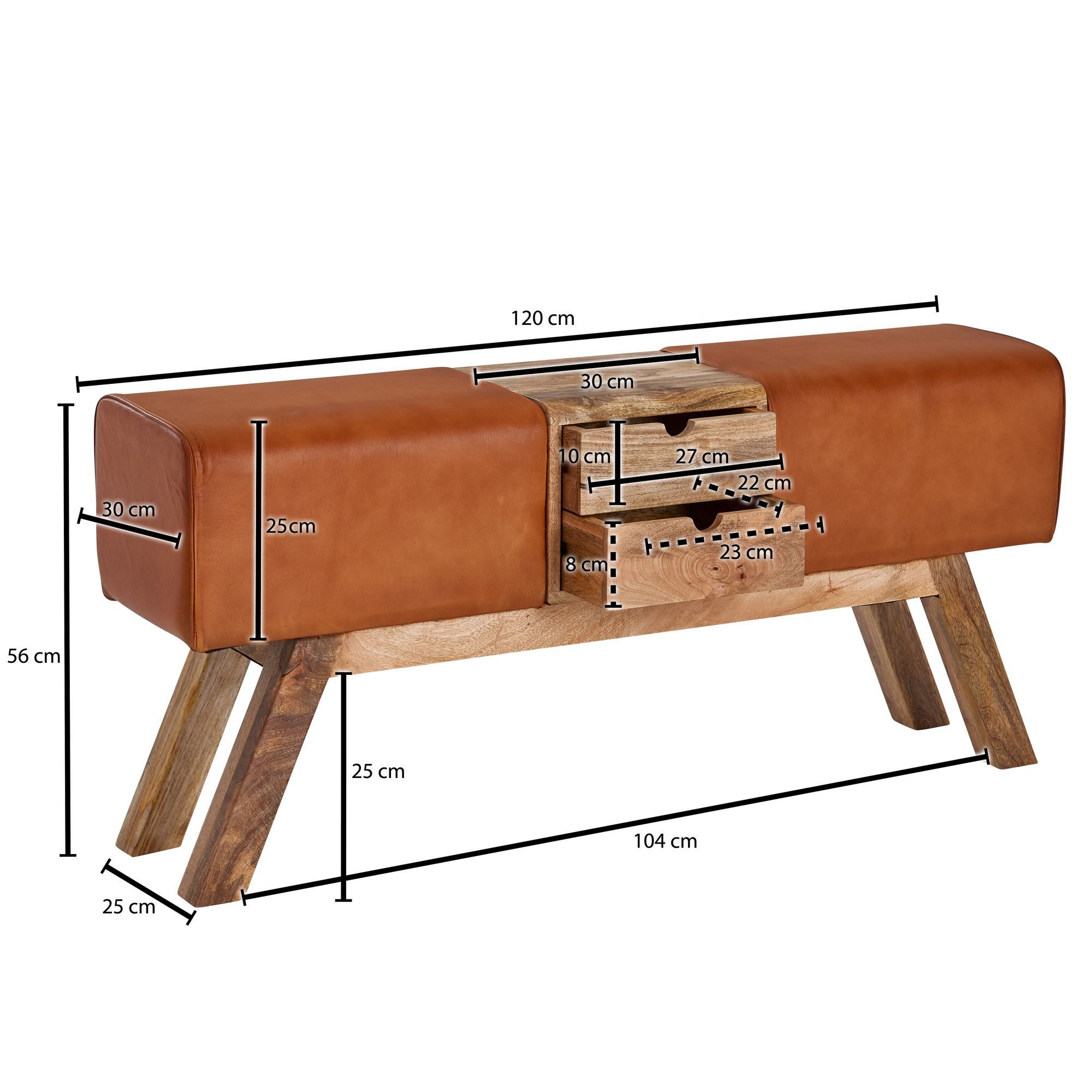 FINEBUY Sitzbank FB72073 Turnbock Echtleder 120 cm Springbock Stauraum Turnhocker Bank (Flur Polsterbank mit Stauraum, Lederbank Braun), Ziegenleder / Massivholz Bank 120x56x30 cm Retro