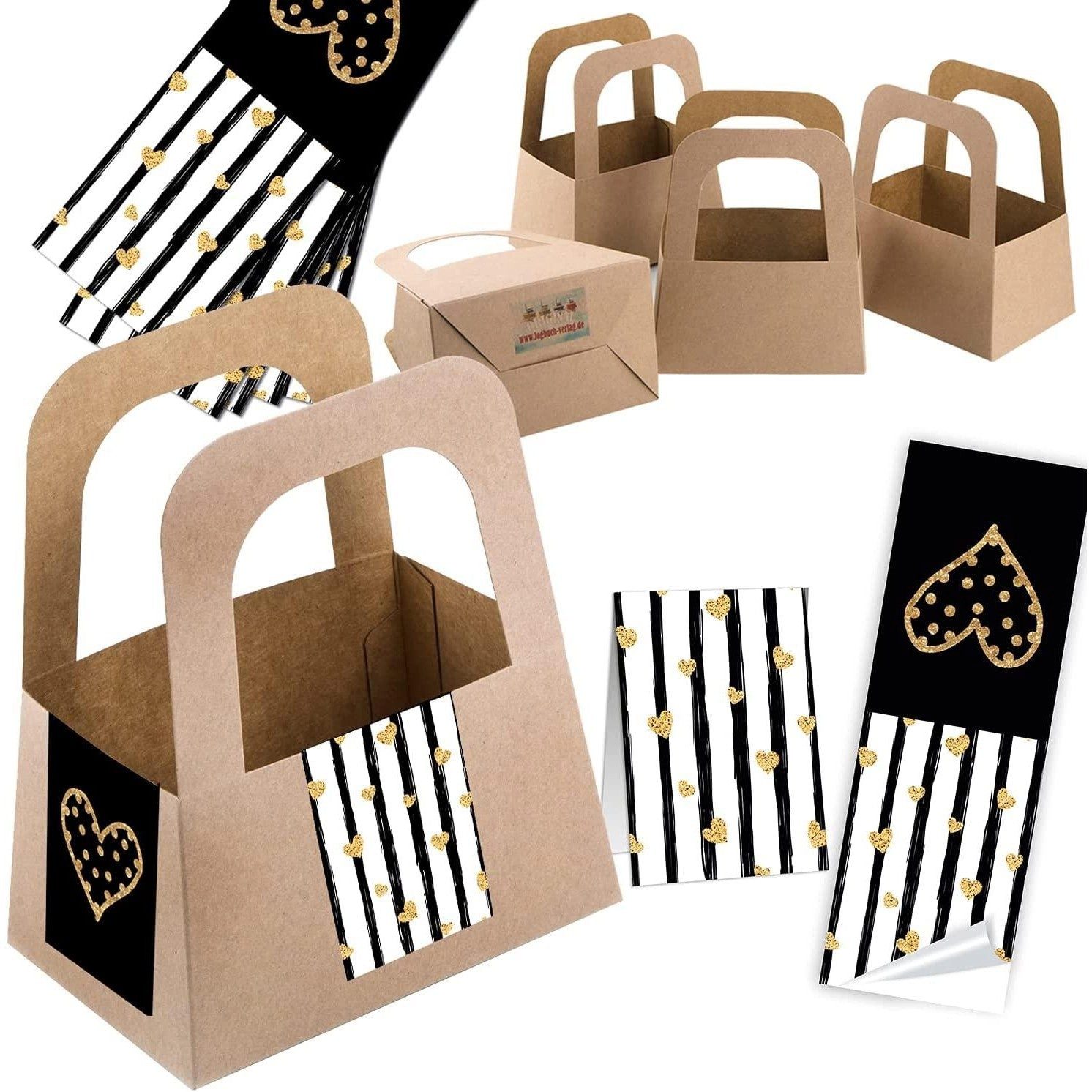 Logbuch-Verlag Geschenkbox 5 Kraftpapier Körbe mit Henkel + 10 Herzaufkleber schwarz weiß gold