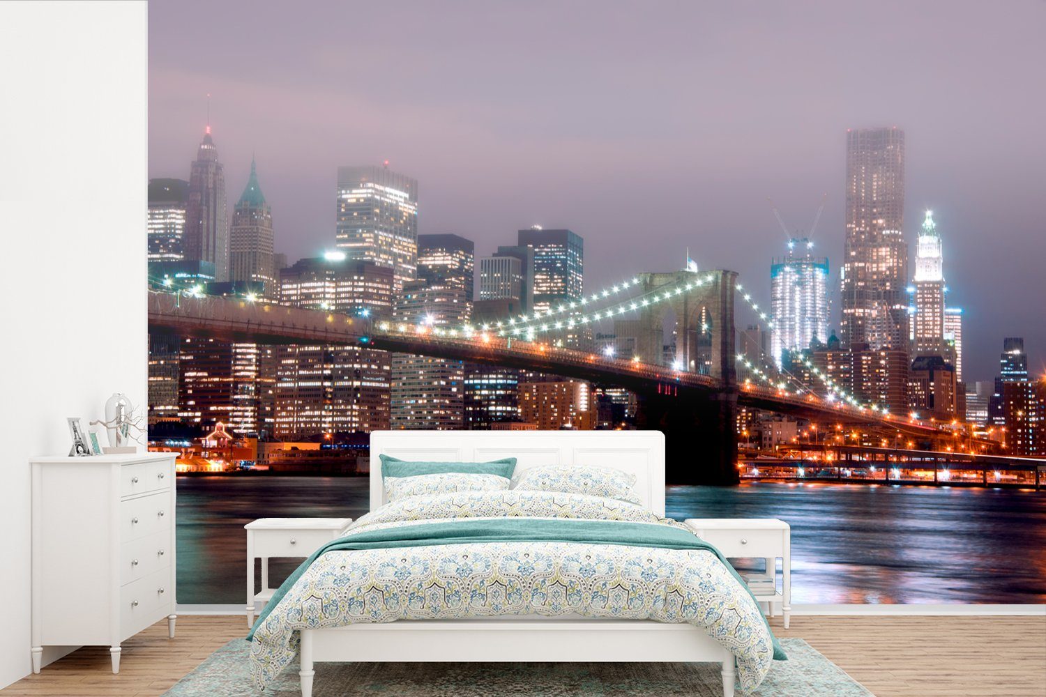 MuchoWow Fototapete Die Brooklyn Bridge in New York mit einer Spiegelung auf dem Wasser, Matt, bedruckt, (6 St), Wallpaper für Wohnzimmer, Schlafzimmer, Kinderzimmer, Vinyl Tapete
