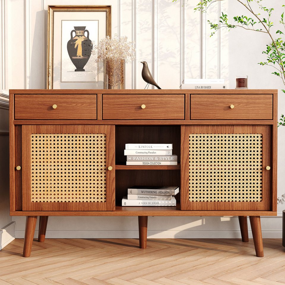 Celya Rattan Sideboard Kommode - 3 Schubladen & Türen Walnuss