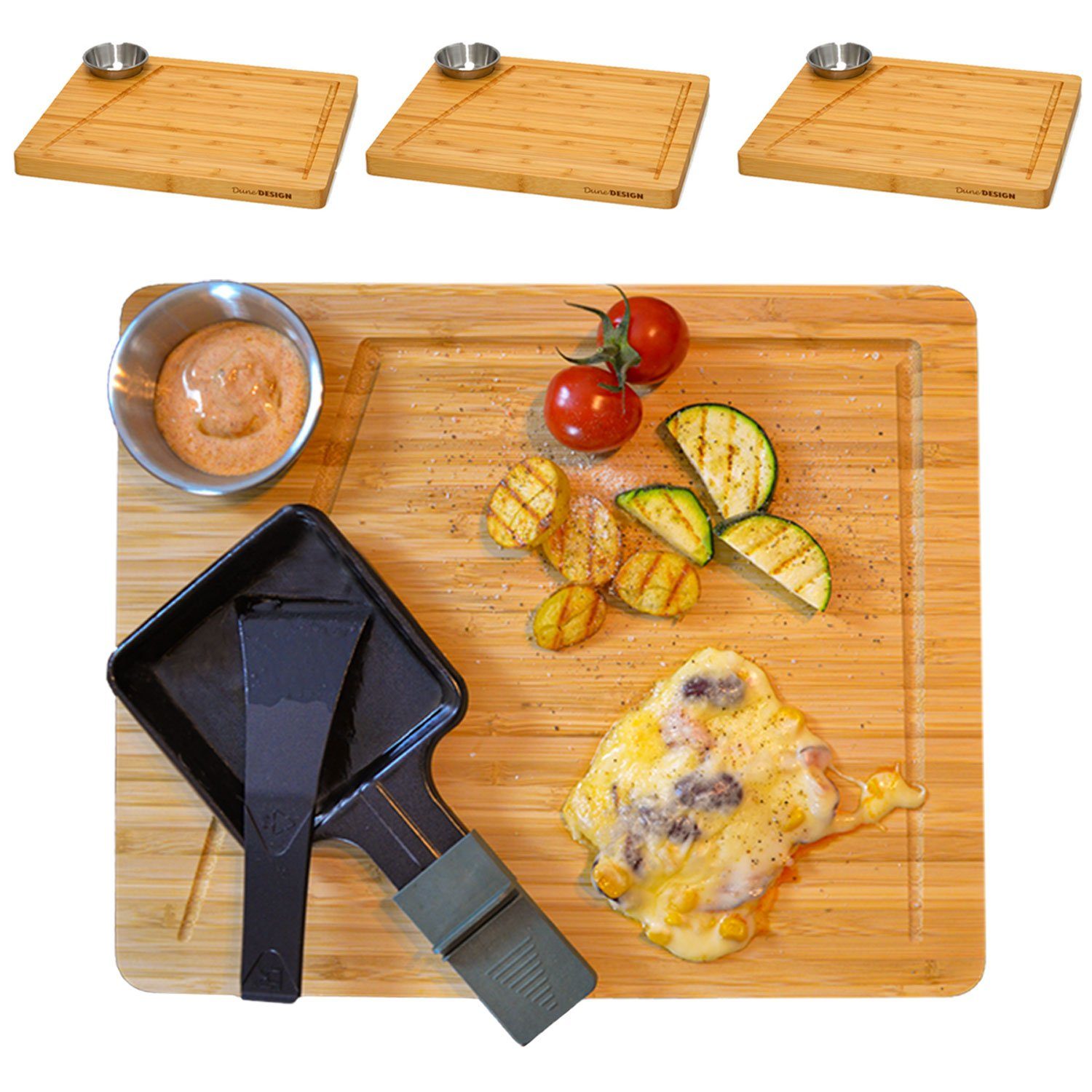 DuneDesign Schneidebrett 4 Personen Raclette Teller Set 30x25 cm Raclette, Holz, Brettchen Pfännchen Untersetzer | Schneidebretter