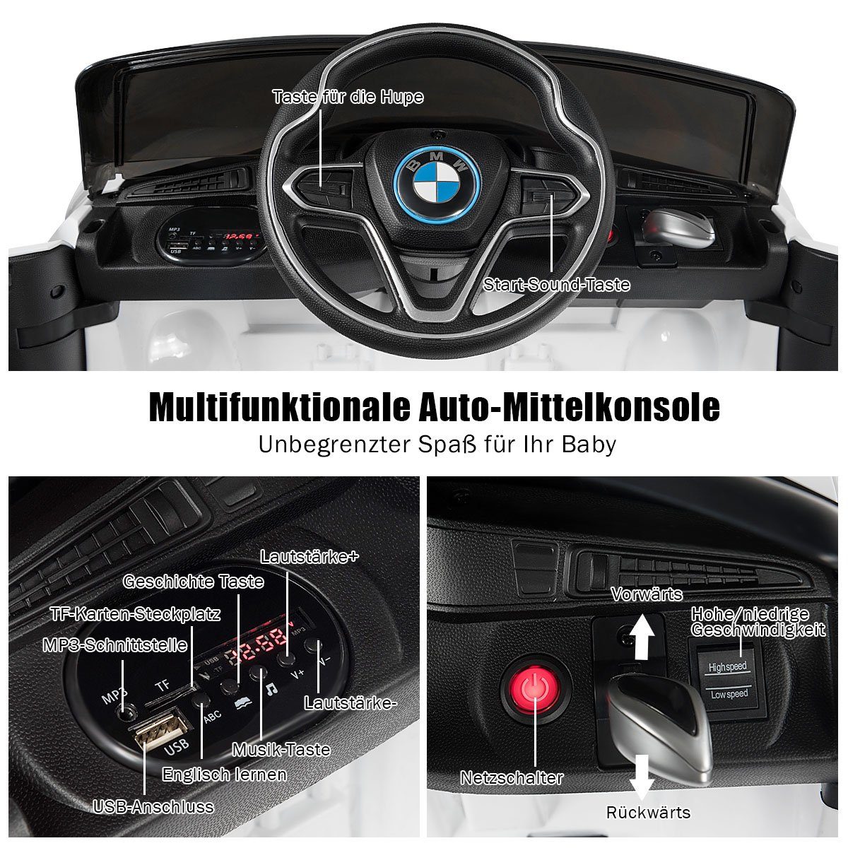 LED 12V, COSTWAY BMW Elektro-Kinderauto weiß mit