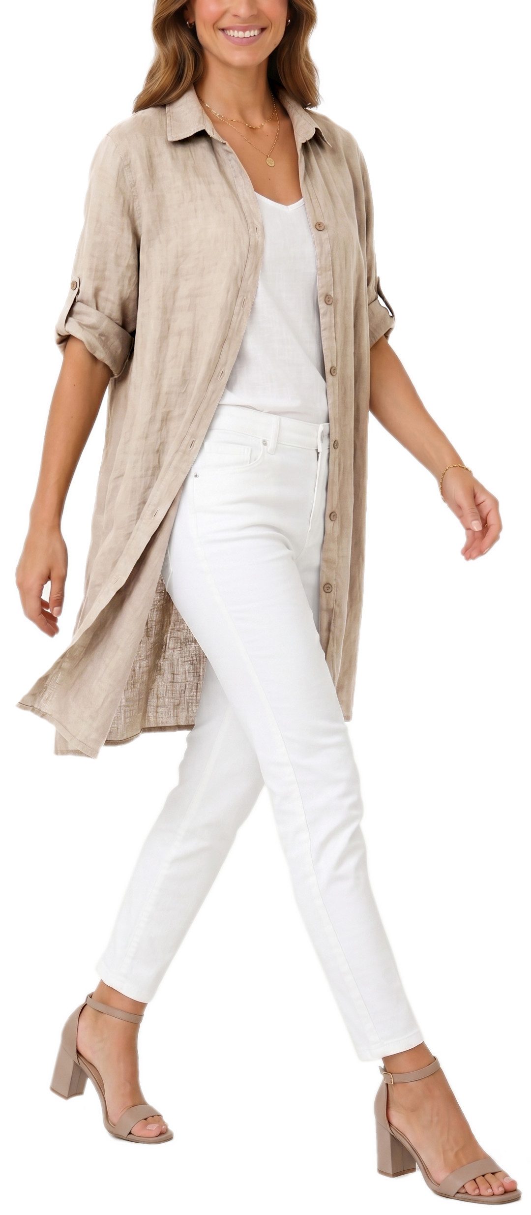 dy_mode Longbluse Damen Leinen Longbluse Sommer Hemdbluse Blusenkleid Luftige Tunika in Unifarbe, mit Knopfleiste