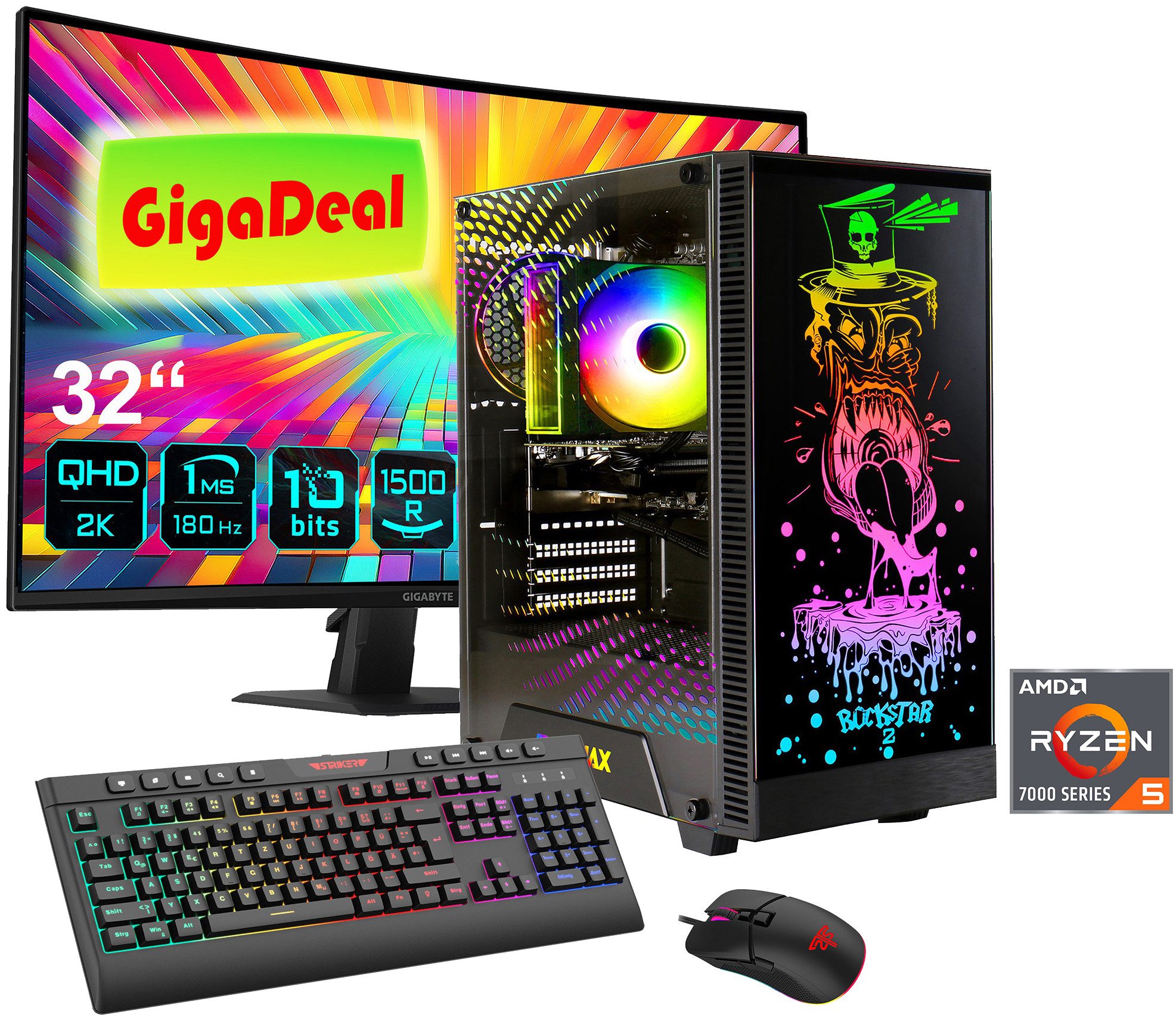 GAMEMAX GigaDeal Striker 2793 AMD Ryzen 5 7500F 16GB DDR5 1TB SSD RX 9070 Gaming-PC-Komplettsystem (32", AMD Ryzen 5 7500F, RX 9070, 16 GB RAM, 1000 GB SSD, Windows 11, DDR5 RAM + Gigabyte GS32QCA LED-Monitor Curved, 80 cm 32)