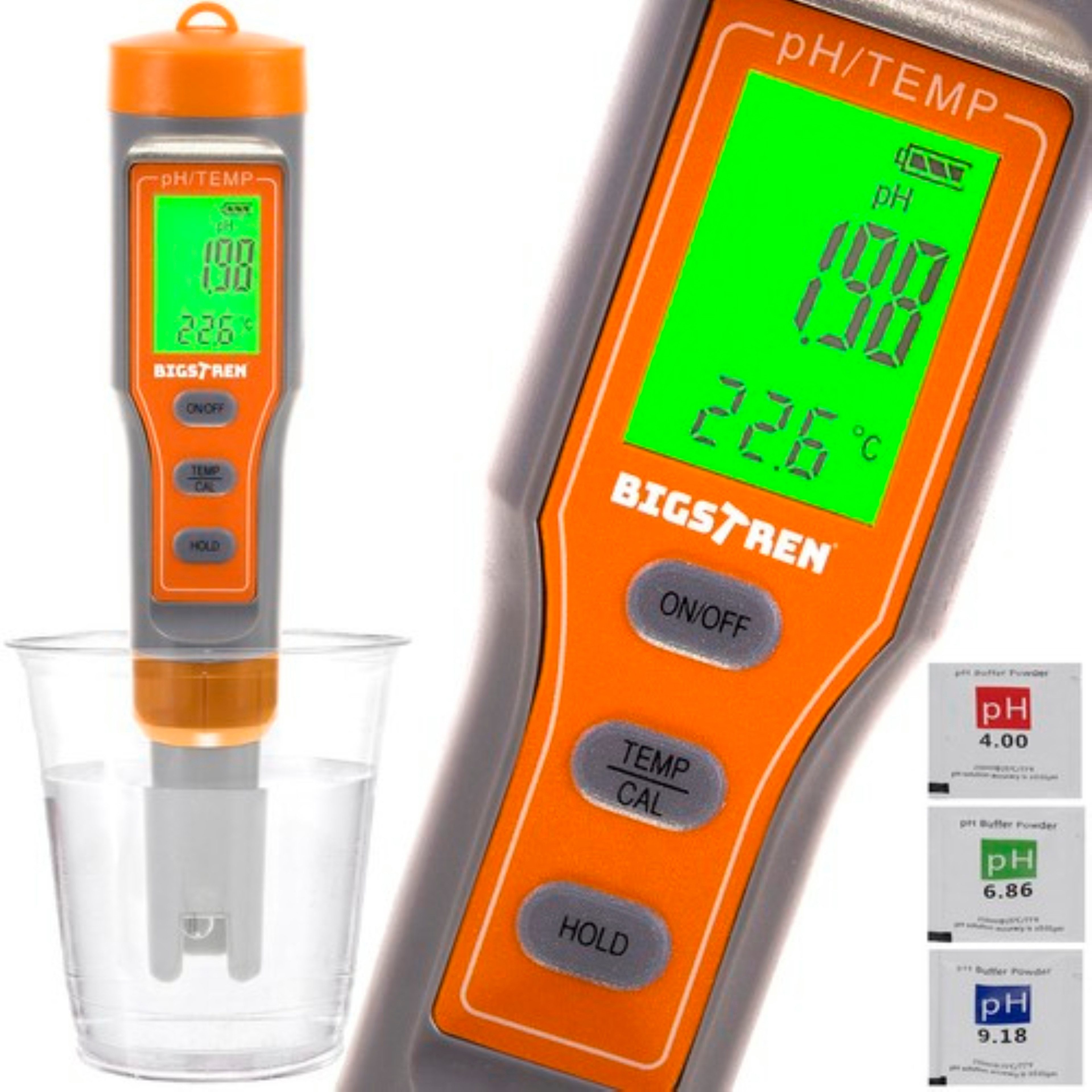 BIGSTREN pH-Messgerät Wasserqualitätstester für Aquarium Pool Trinkwasser mit ATC-Funktion, (Komplettset für pH- und Temperaturmessung mit Batterien & Kalibrierung, Wassertester inkl. Batterien & 3 Kalibrierpulver für sofortigen Start), Elektronischer pH-