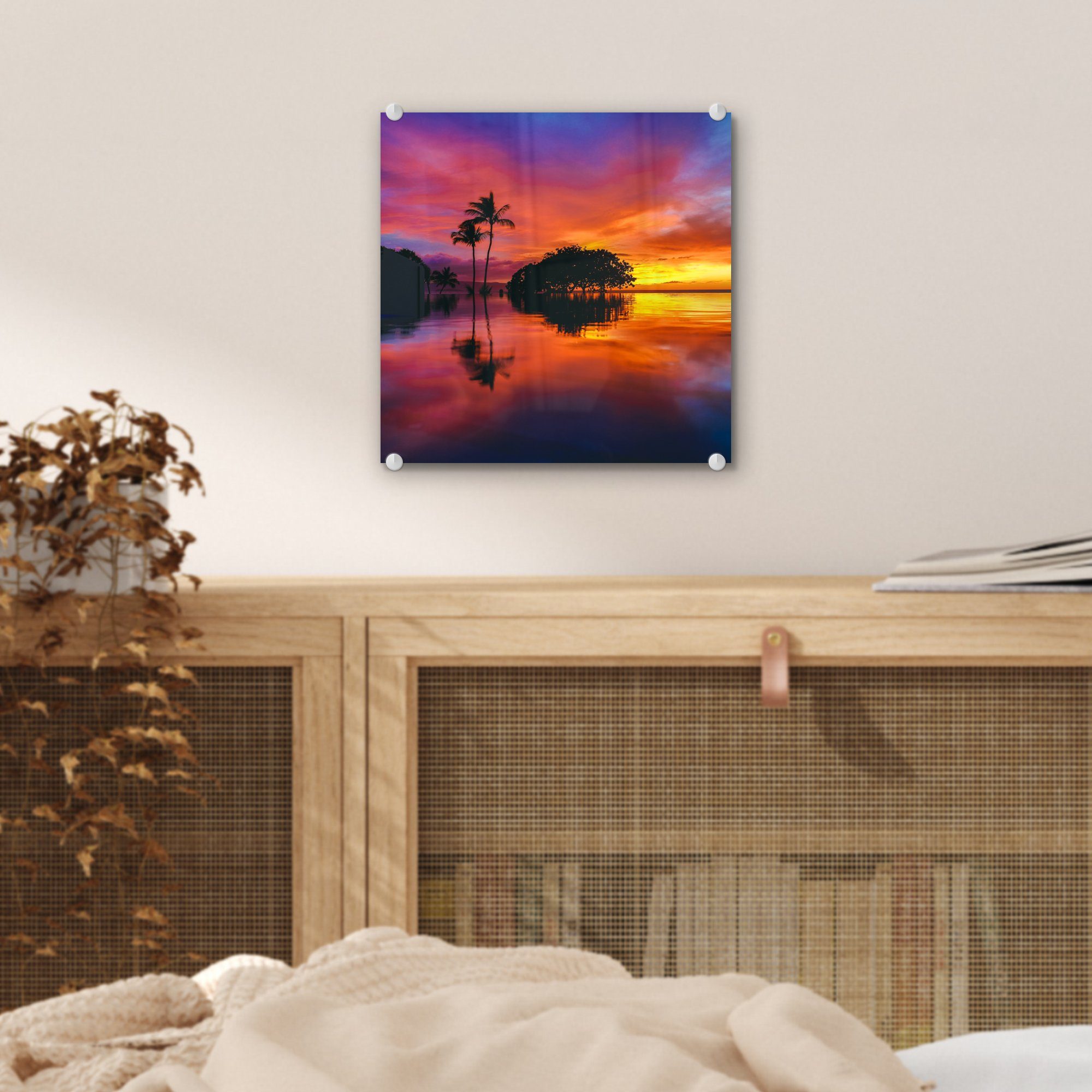 Foto Wanddekoration in Glas USA am Bilder St), Glasbilder - auf auf Acrylglasbild farbenprächtiger Ein MuchoWow Sonnenuntergang Wandbild Beach Wailea (1 Glas - den - auf,