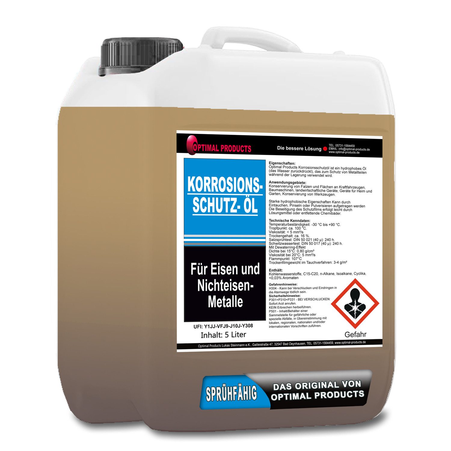 Optimal Products die bessere Lösung Rostschutzgrundierung Korrosionssschutzöl, 5 Liter Kanister, Sprühfähiger Korosionsschutz für Hohlräume