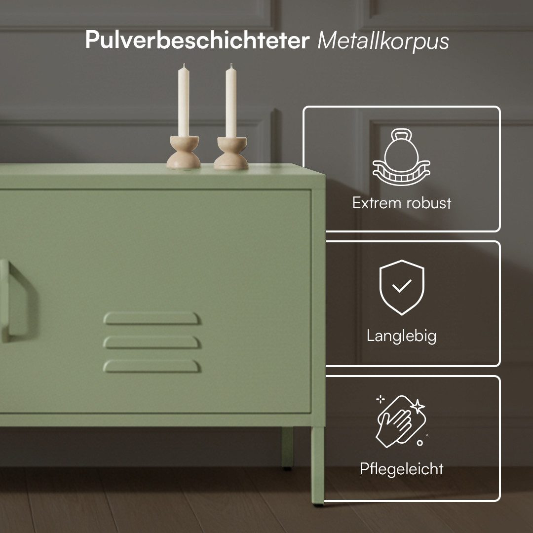 skølm Lowboard Atria aus Metall (Mintgrün), Metallkommode mit 4 Fächern & 2 Türen, 55x38x105cm (HxTxB)