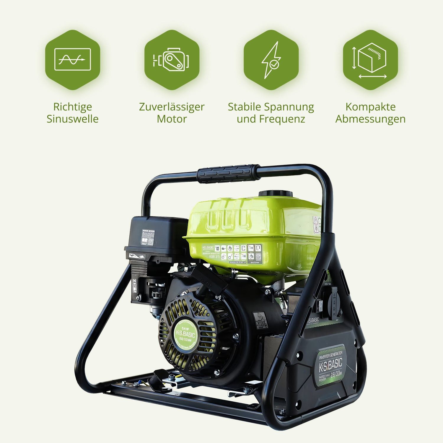 Könner & Söhnen Stromerzeuger KSB 31i, 3 in kW, (Inverter-Generator, Preisniveau wie Standard-AVR-Gerät, 1-tlg., 3.0 kW, Reine Sinuswelle, 100% Kupfer, K&S Basic Modell), EURO-5, Kompakt, 1x Steckdose, Günstige Inverter-Technologie