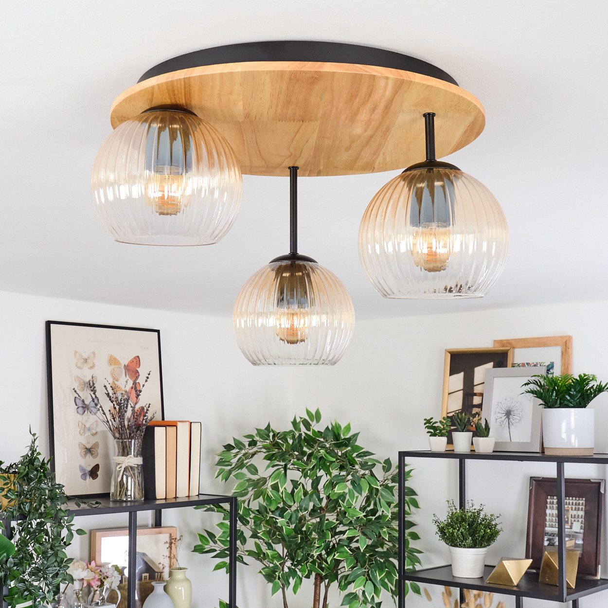 hofstein Deckenleuchte Deckenlampe aus Metall/Holz/Riffelglas in günstig online kaufen